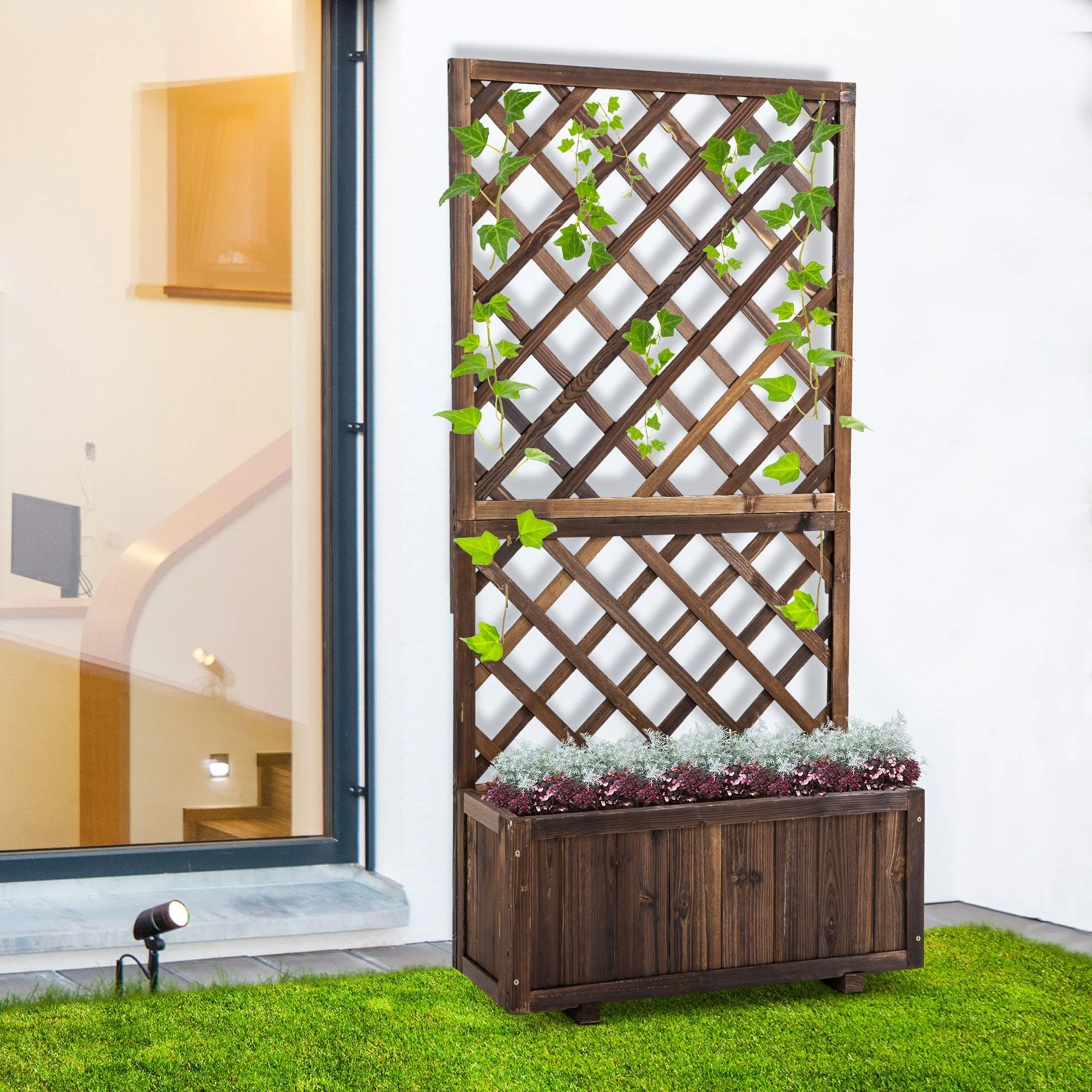 Outsunny Flower Planter Stand Trellis Shelf Garden Wood Steel Pergola Carbonised 72.5L X 31.5W X 149.5H - Image 2