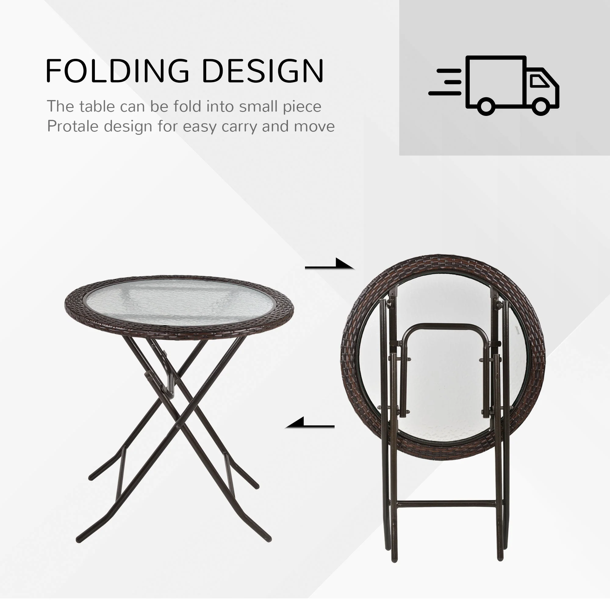 Outsunny Folding Round Tempered Glass Metal Table with Brown Rattan Edging - Image 6