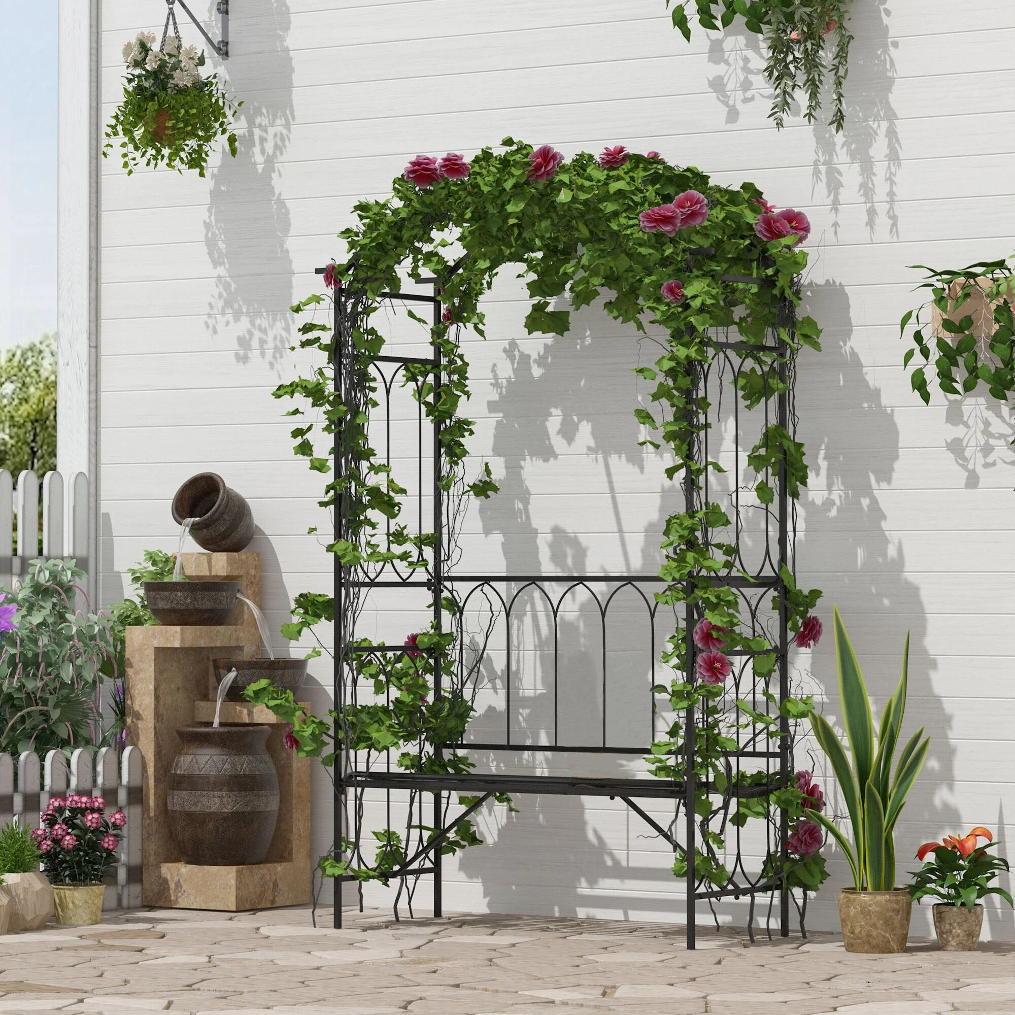 Outsunny Garden Metal Frame Bench Witharch For Various Climbing Plant 115Lx50Wx203H cm-Black - Image 2