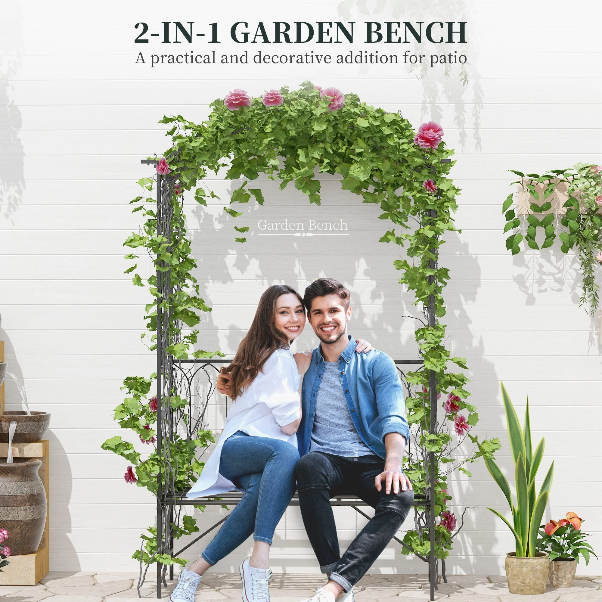 Outsunny Garden Metal Frame Bench Witharch For Various Climbing Plant 115Lx50Wx203H cm-Black - Image 4