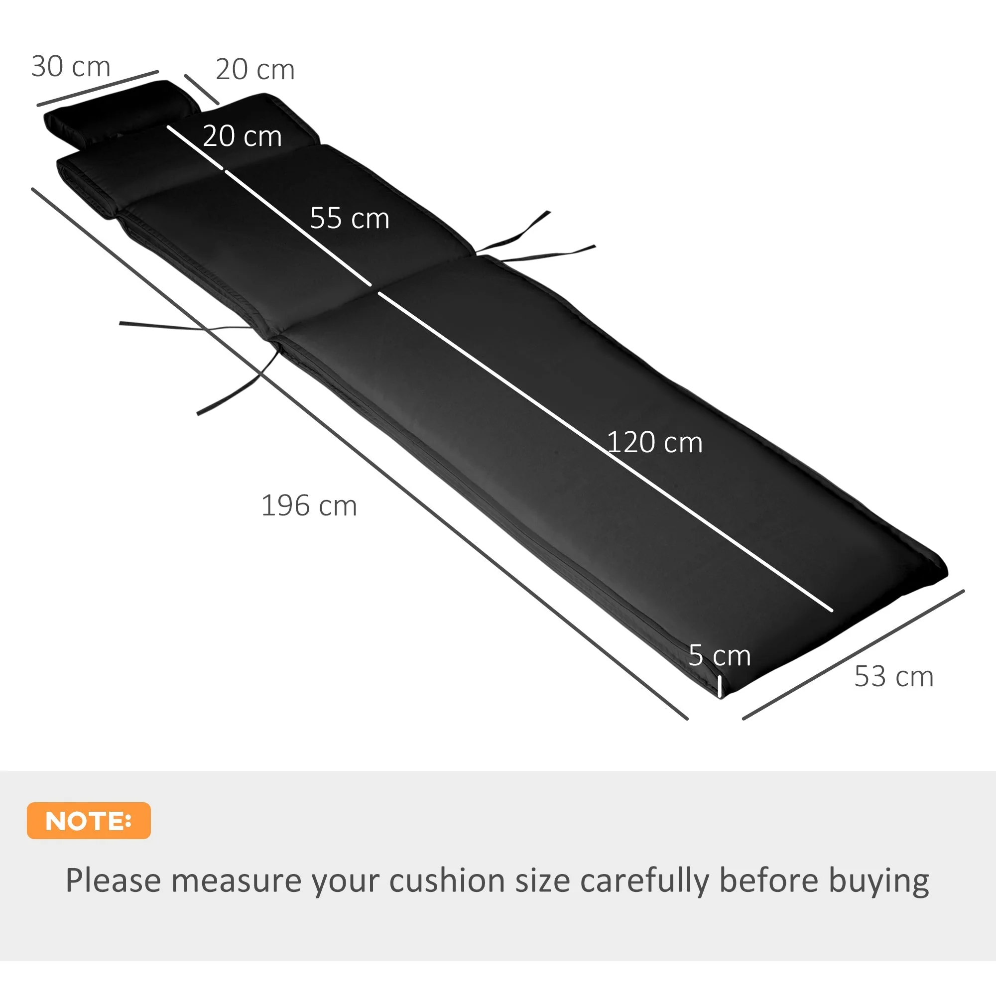 Outsunny Garden Sun Lounger Cushion Replacement Thick Sunbed Reclining Chair Relaxer Pad With Pillow - Black - Image 3