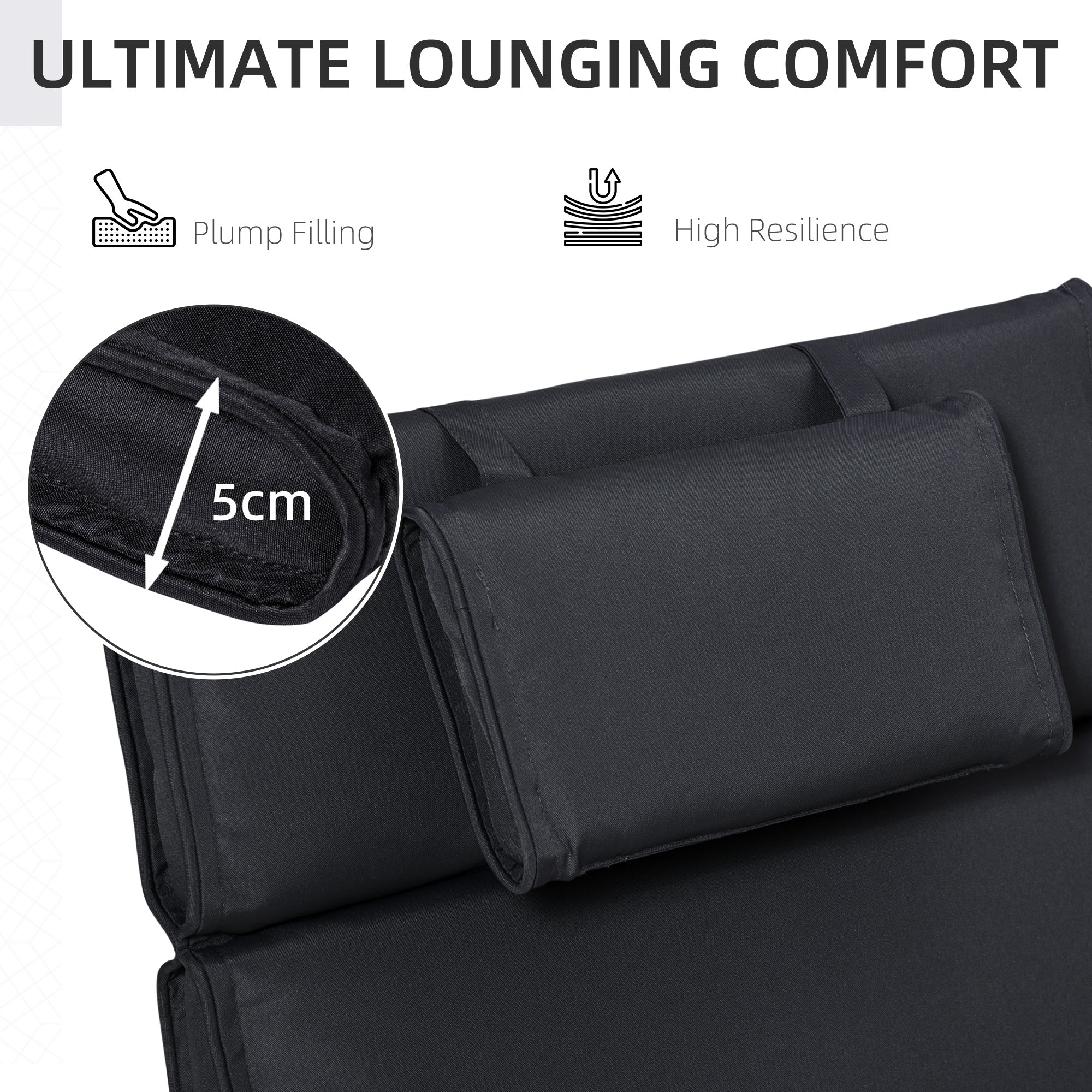 Outsunny Garden Sun Lounger Cushion Replacement Thick Sunbed Reclining Chair Relaxer Pad With Pillow - Black - Image 4