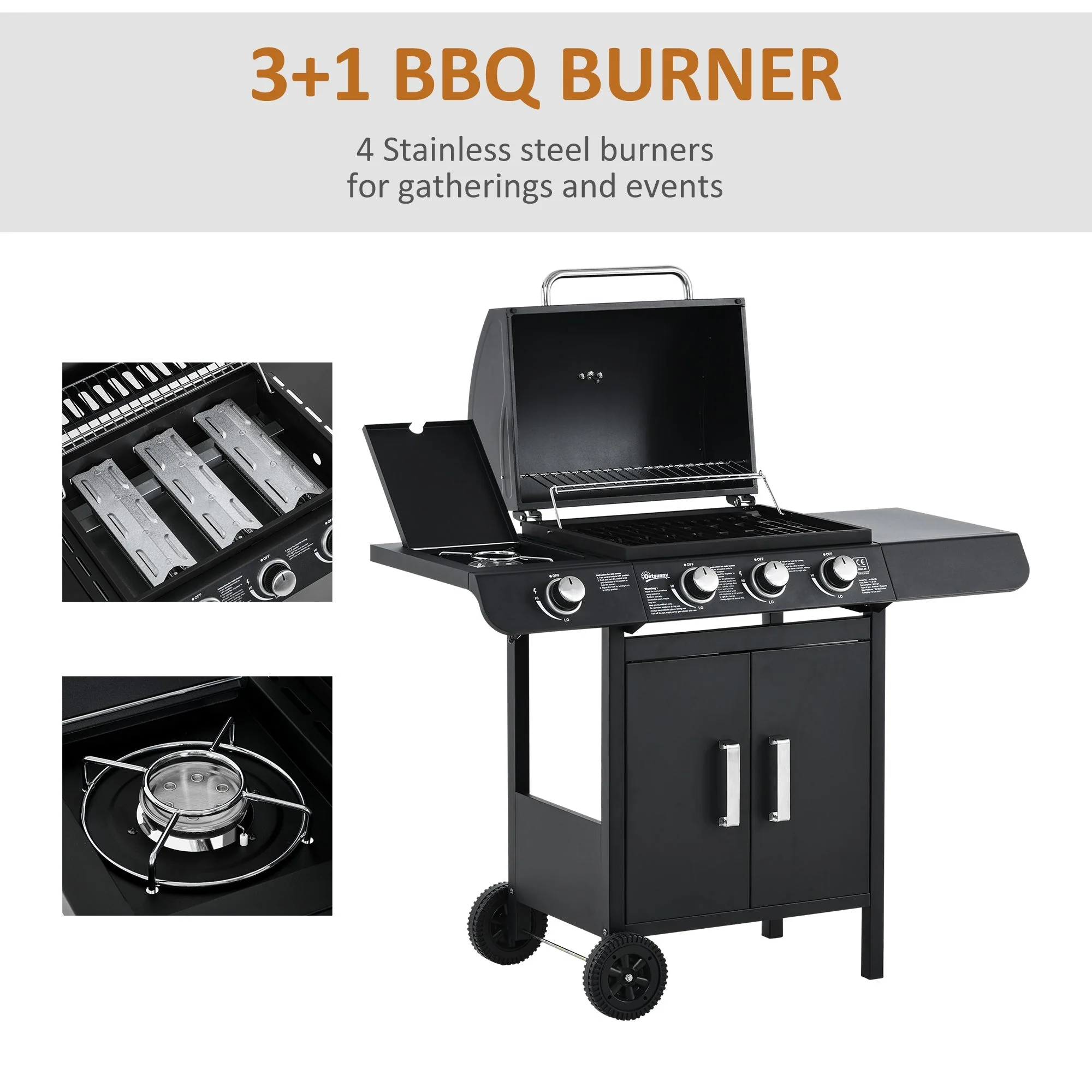 Outsunny Gas Burner Barbecue Grill 3+1 Burner Garden Bbq Trolley W/ Side Burner Warming Rack Side Shelves Storage Cabinet Piezo Ignition Thermometer 110X50X100cm - Image 5