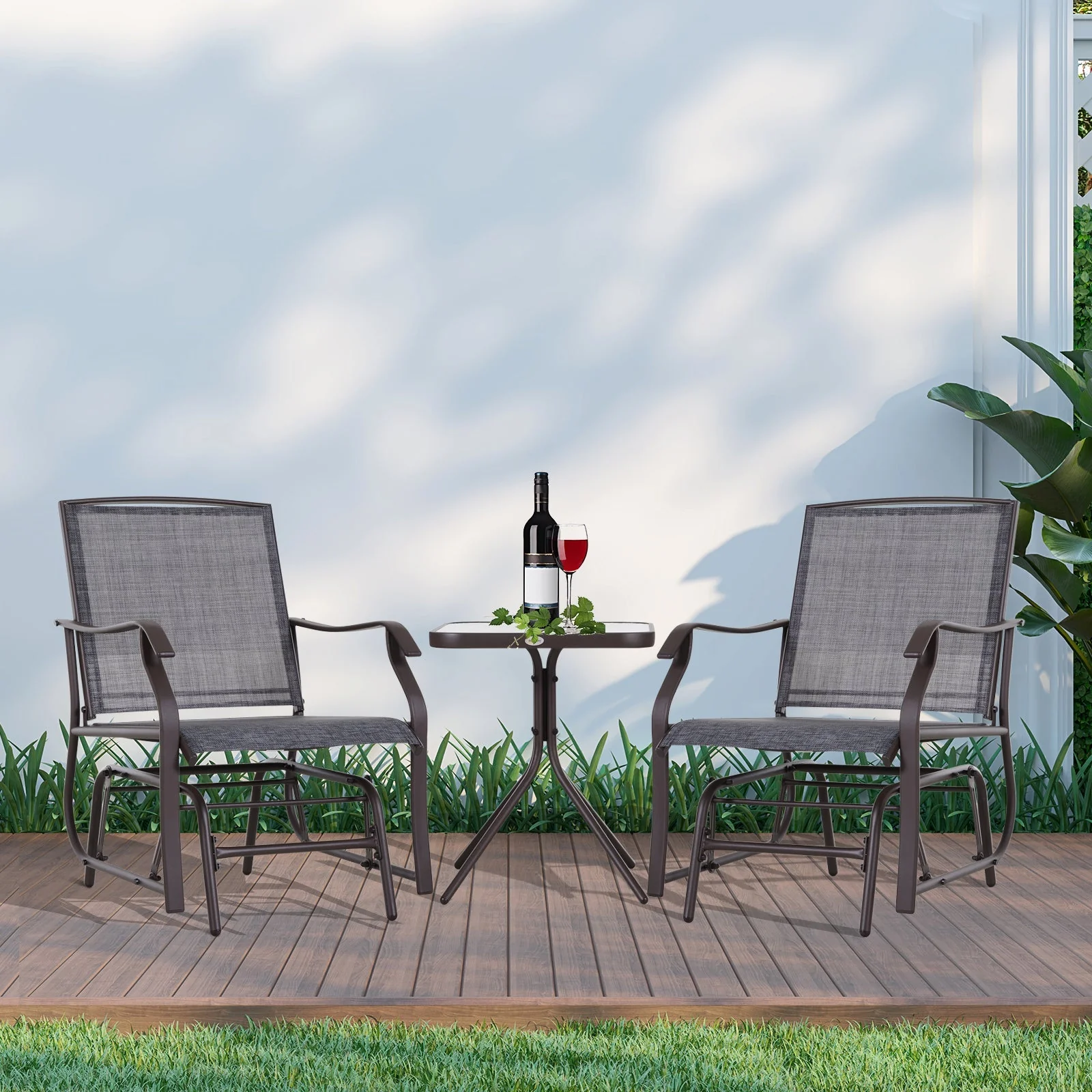 Outsunny Glider Rocking Chair & Table Set 2 Single Seaters Rocker Garden Swing Chair Patio Furniture Bistro Set Grey - Image 2