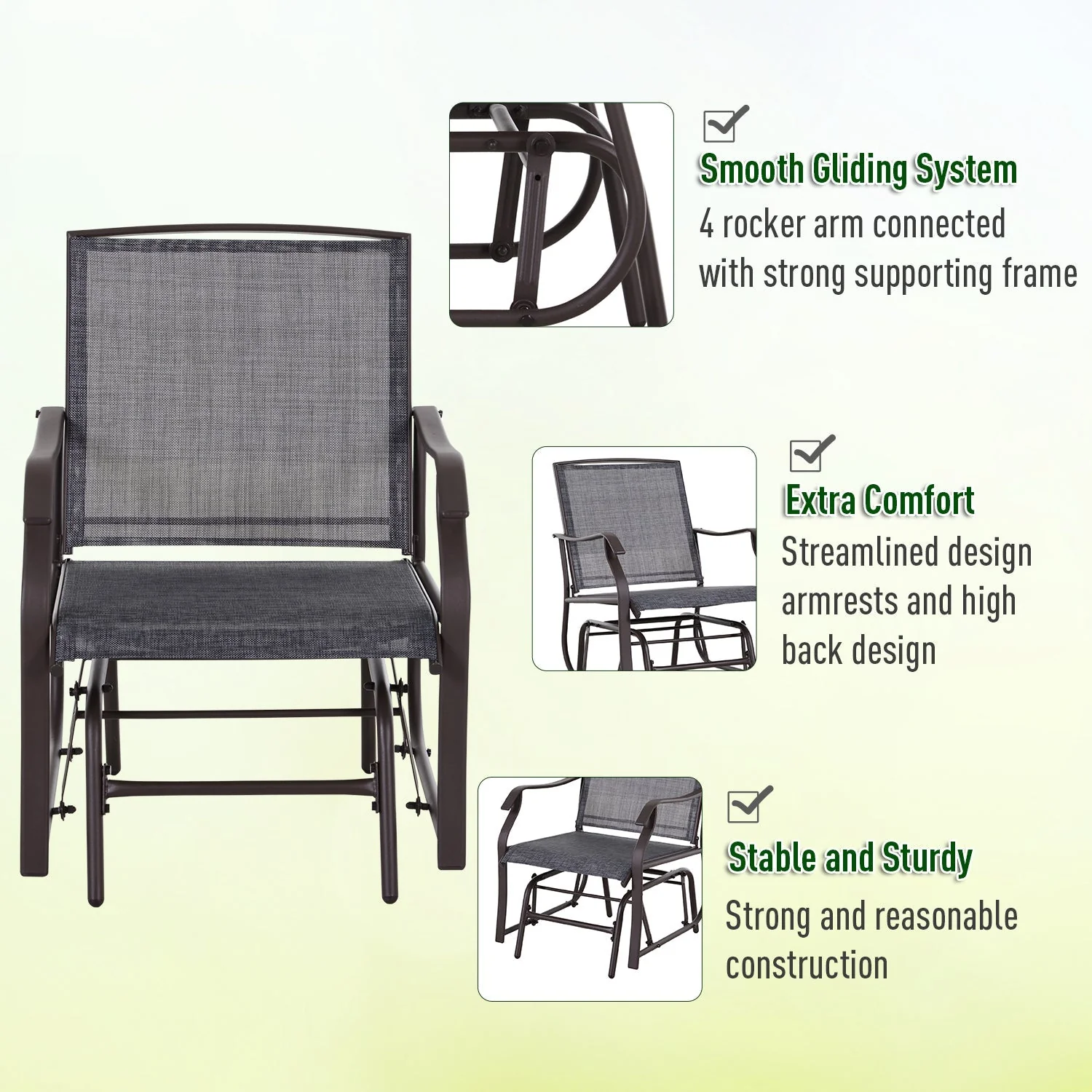 Outsunny Glider Rocking Chair & Table Set 2 Single Seaters Rocker Garden Swing Chair Patio Furniture Bistro Set Grey - Image 5