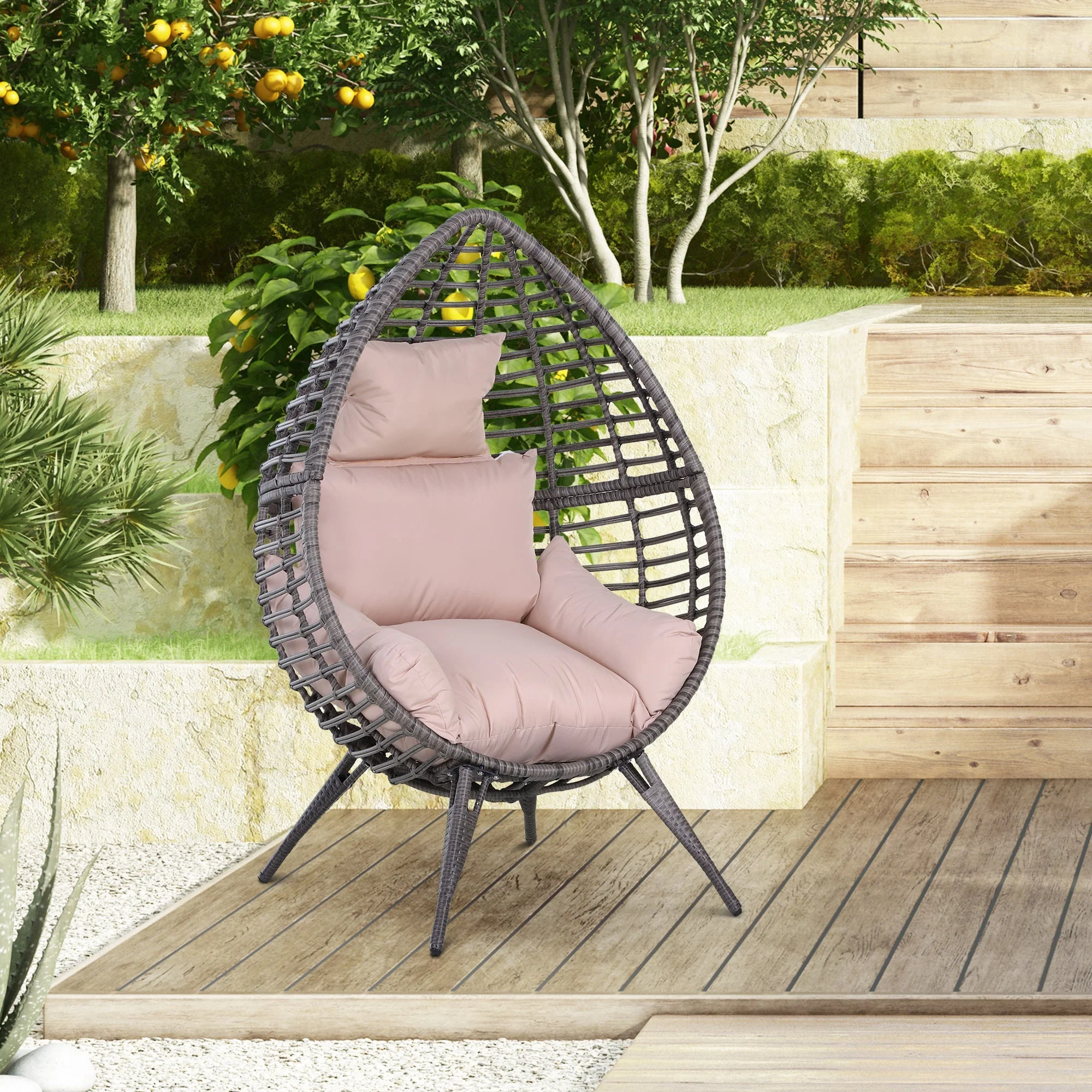 Outsunny Outdoor Egg Chair Pe Rattan Teardrop Chair With Full-Body Soft Padded Cushion Grey - Image 2