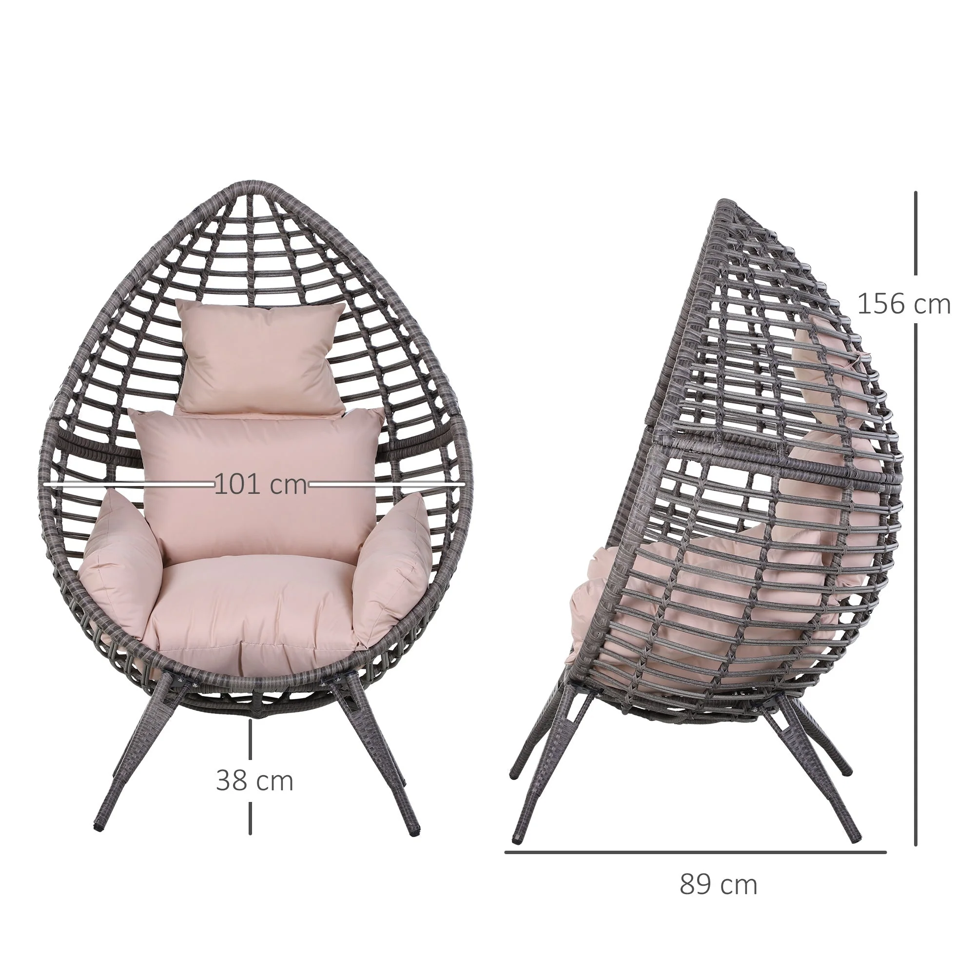 Outsunny Outdoor Egg Chair Pe Rattan Teardrop Chair With Full-Body Soft Padded Cushion Grey - Image 3