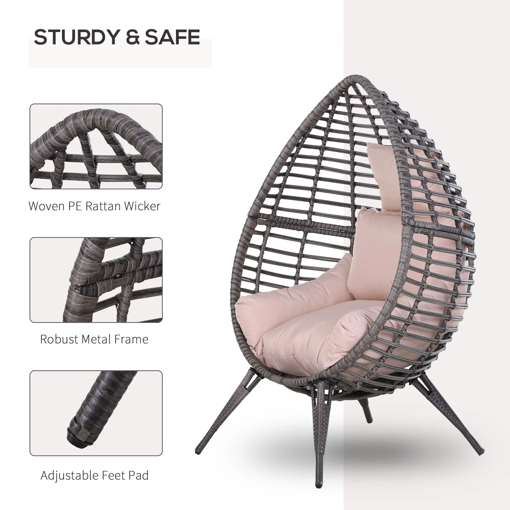Outsunny Outdoor Egg Chair Pe Rattan Teardrop Chair With Full-Body Soft Padded Cushion Grey - Image 4