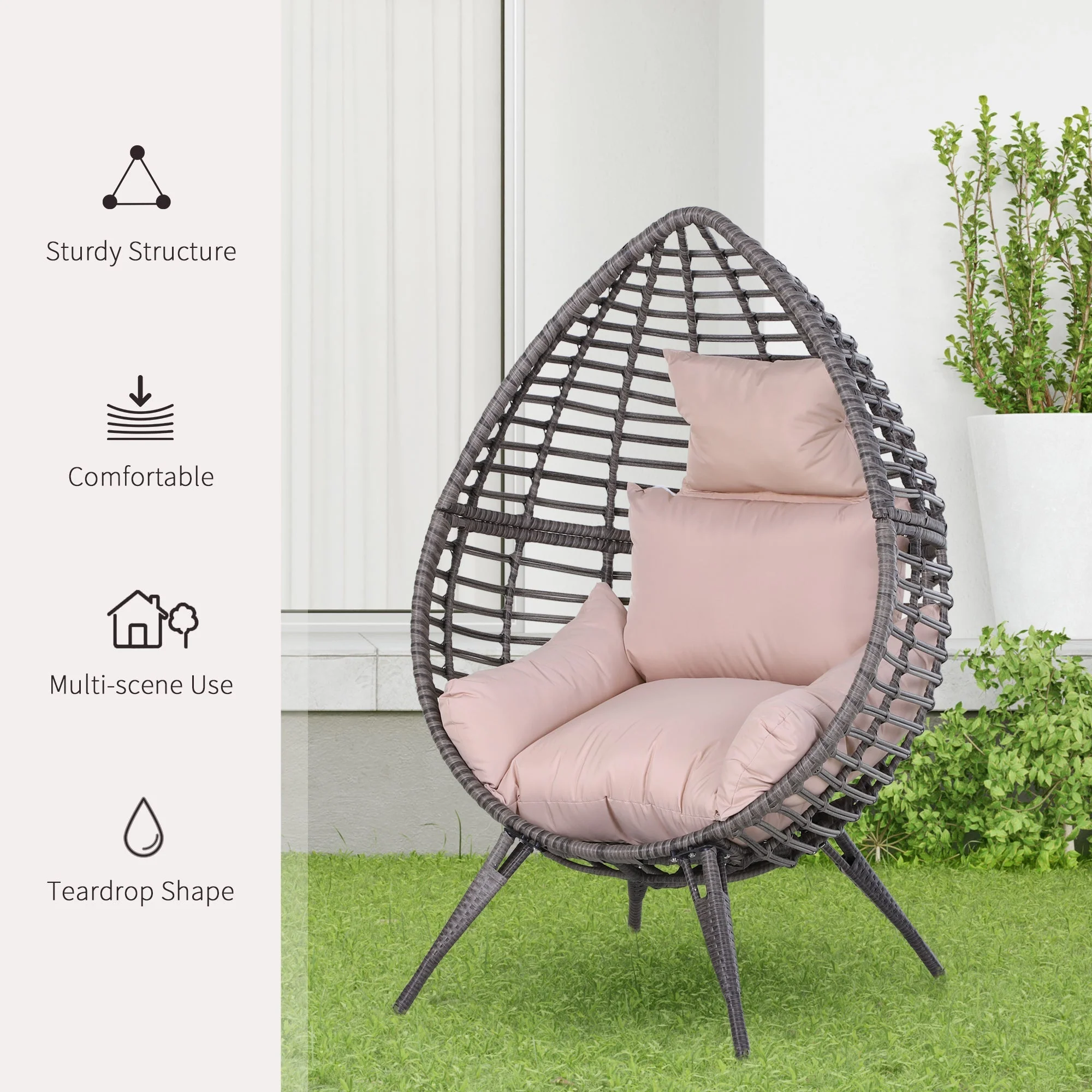 Outsunny Outdoor Egg Chair Pe Rattan Teardrop Chair With Full-Body Soft Padded Cushion Grey - Image 6