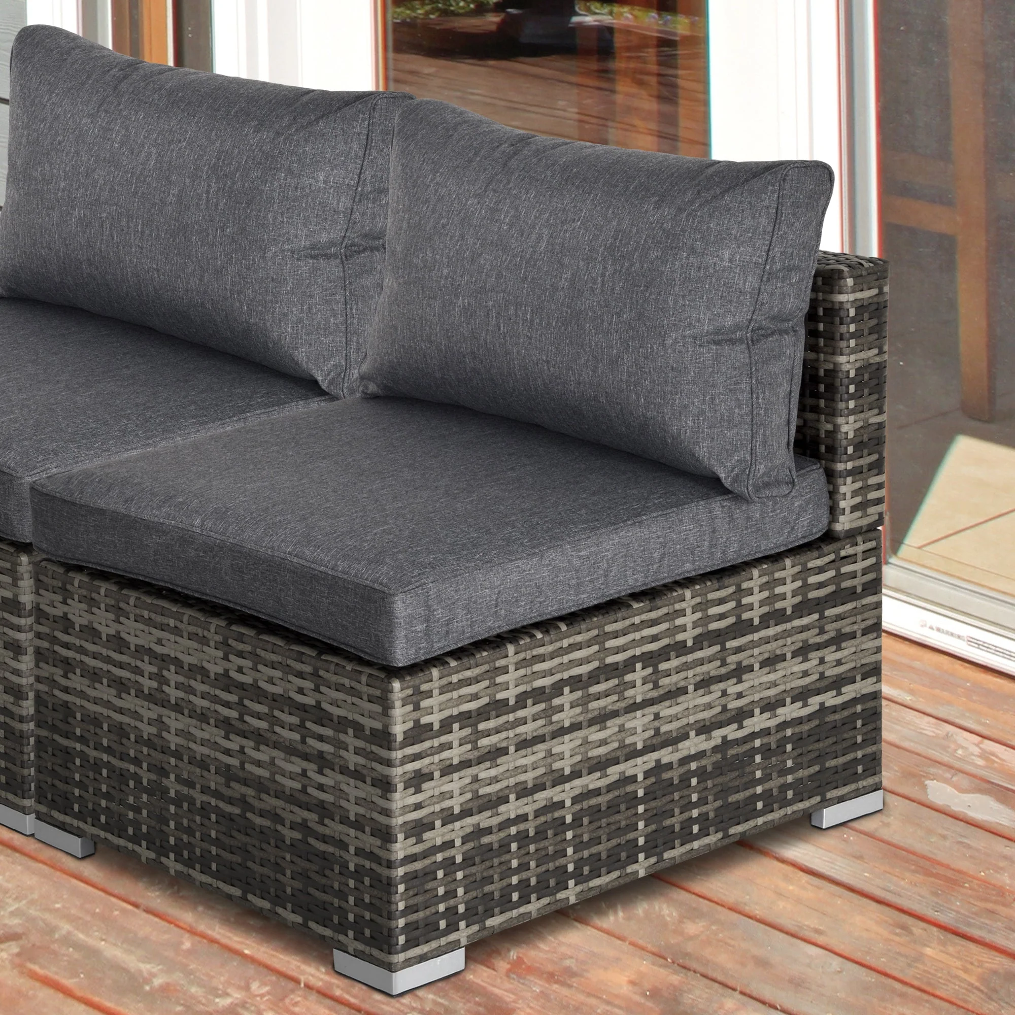 Outsunny Outdoor Garden Furniture Rattan Single Middle Sofa With Cushions For Backyard Porch Garden Poolside Deep Grey - Image 2
