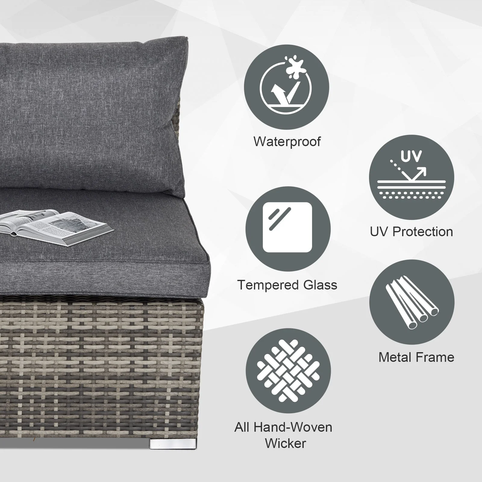 Outsunny Outdoor Garden Furniture Rattan Single Middle Sofa With Cushions For Backyard Porch Garden Poolside Deep Grey - Image 4