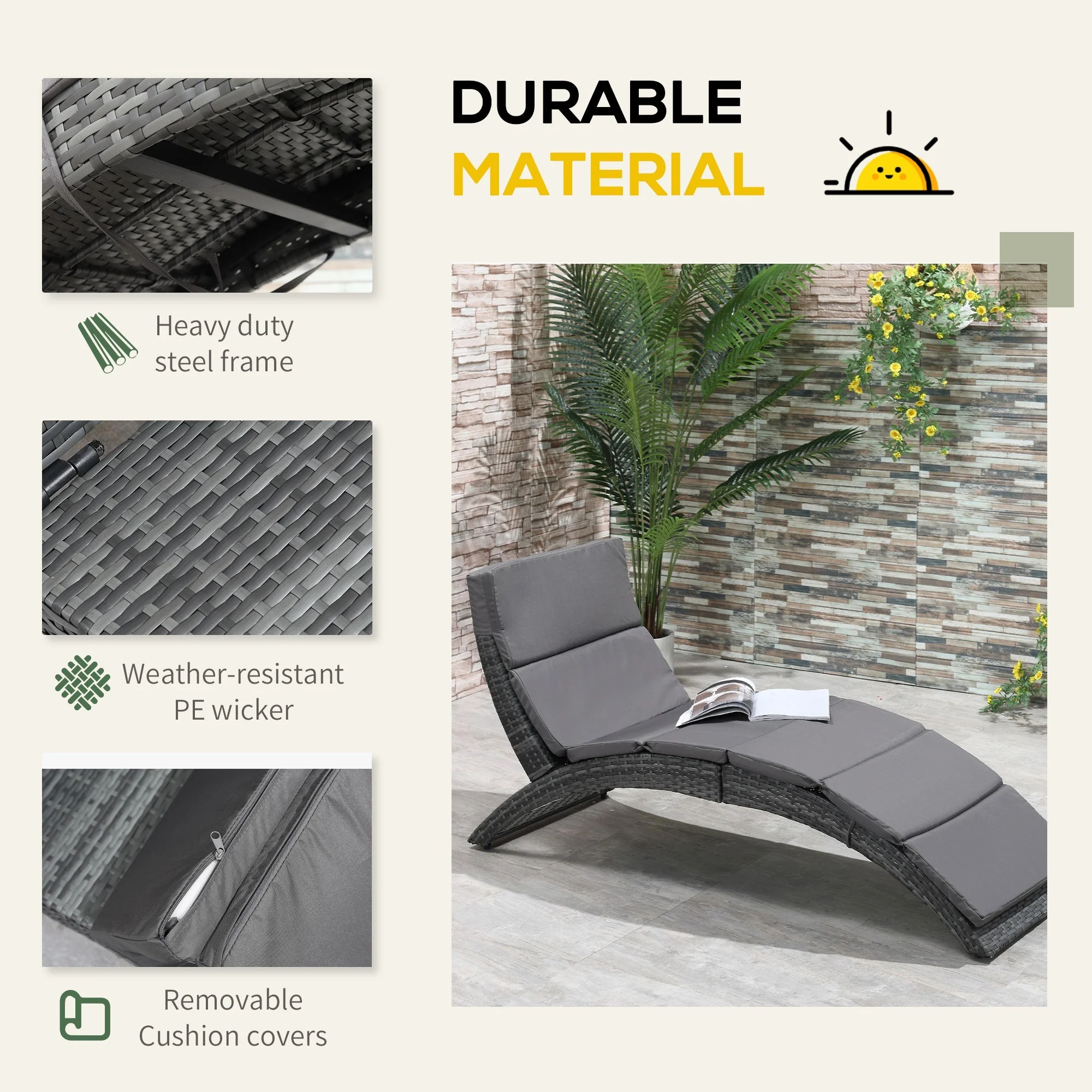 Outsunny Outdoor PE Rattan Sun Lounger - Image 4