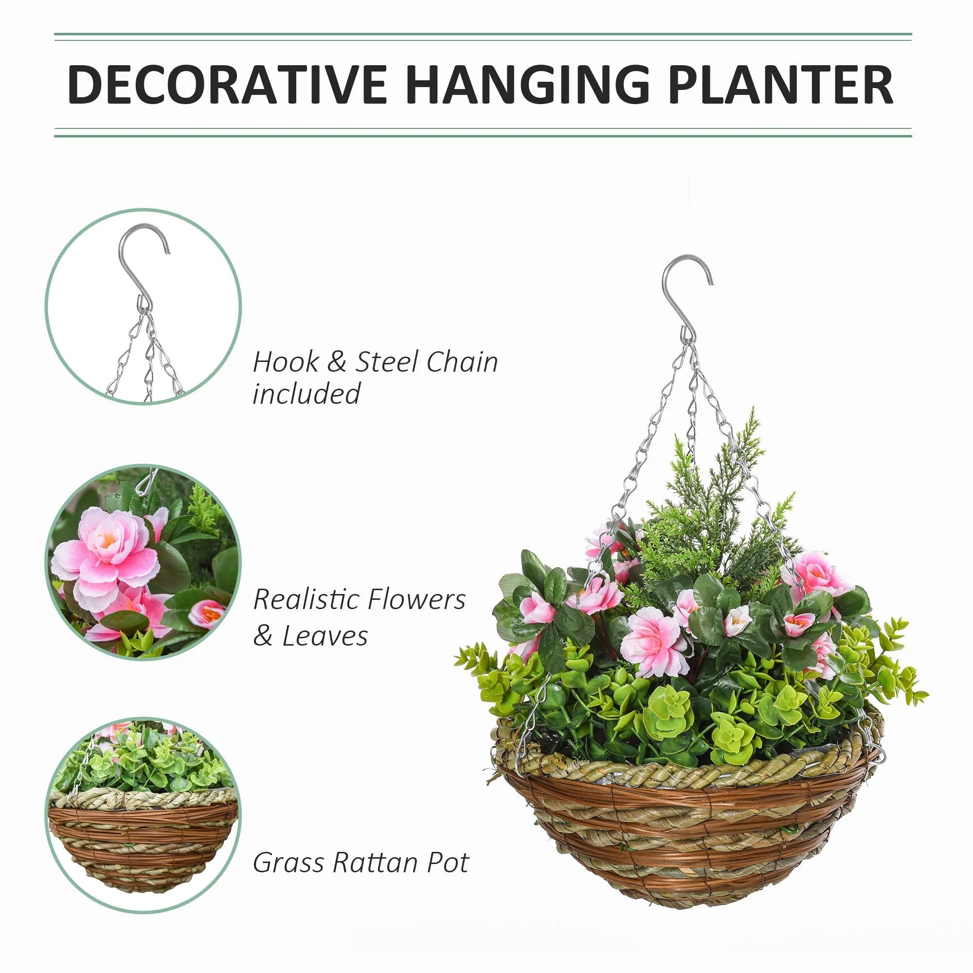 Outsunny Pack Of 2 Artificial Lisianthus Flowers Hanging Planter With Basket For Indoor Outdoor Decoration - Image 3