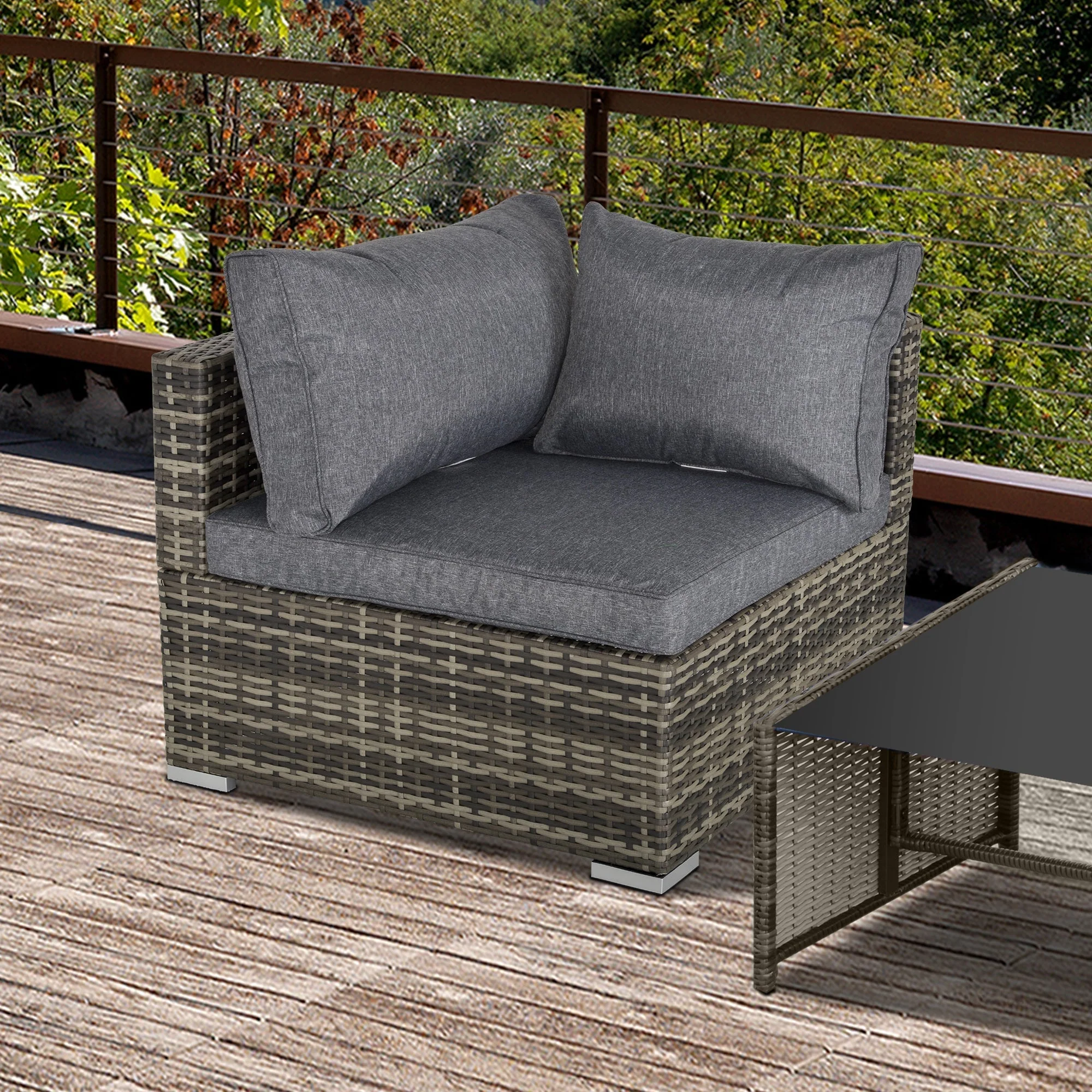 Outsunny Pe Rattan Wicker Corner Sofa Garden Furniture Single Sofa Chair With Cushions Deep Grey - Image 2