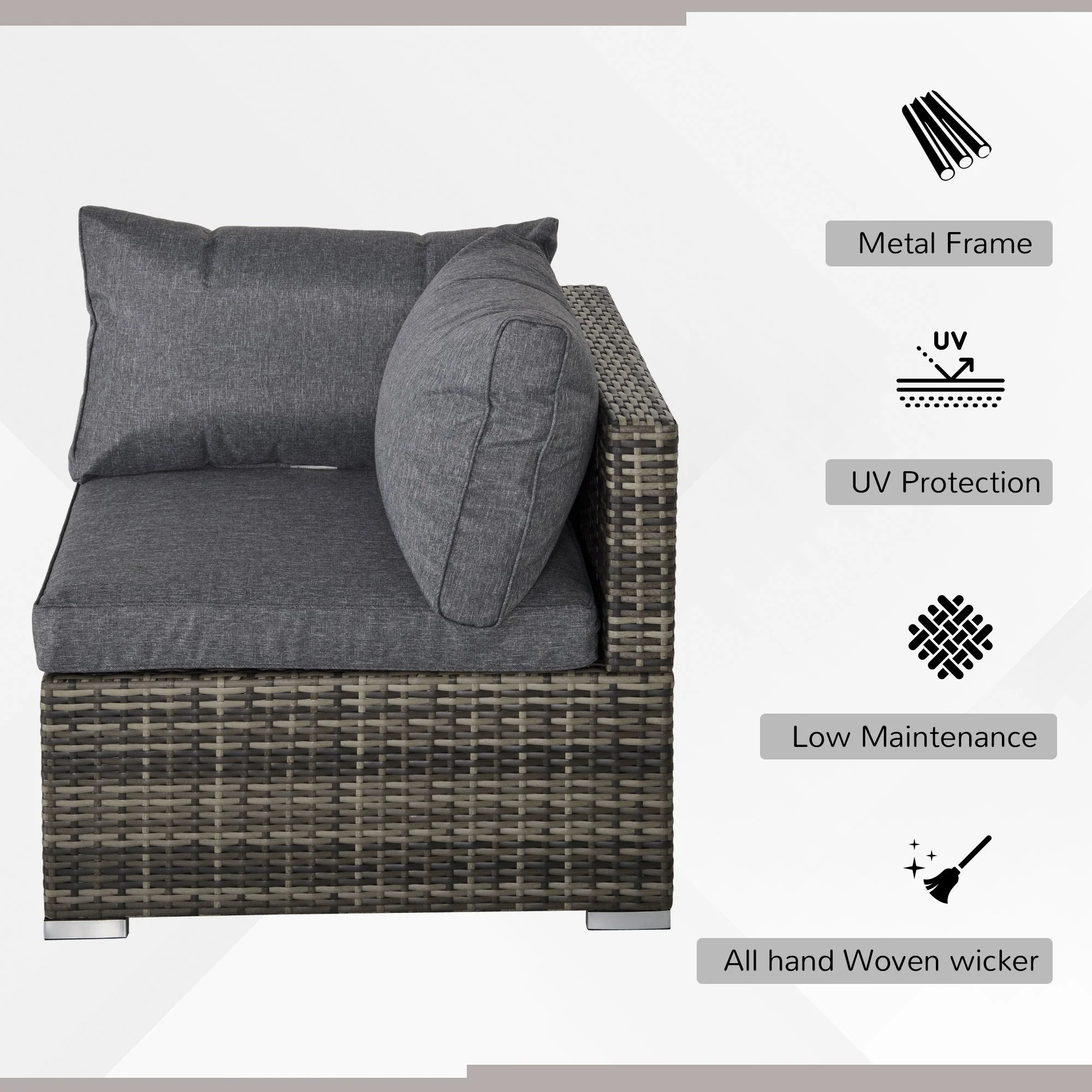 Outsunny Pe Rattan Wicker Corner Sofa Garden Furniture Single Sofa Chair With Cushions Deep Grey - Image 4