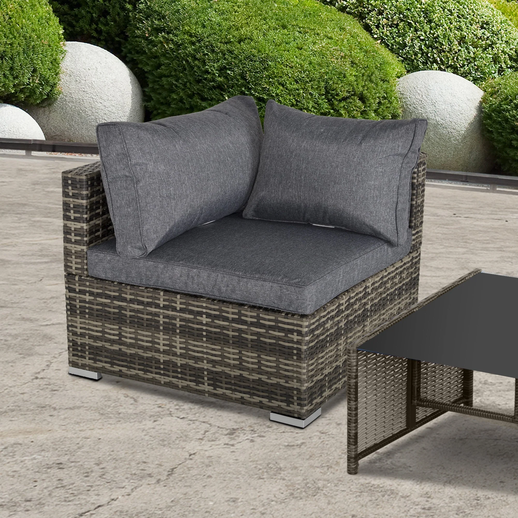 Outsunny Pe Rattan Wicker Corner Sofa Garden Furniture Single Sofa Chair With Cushions Deep Grey - Image 9