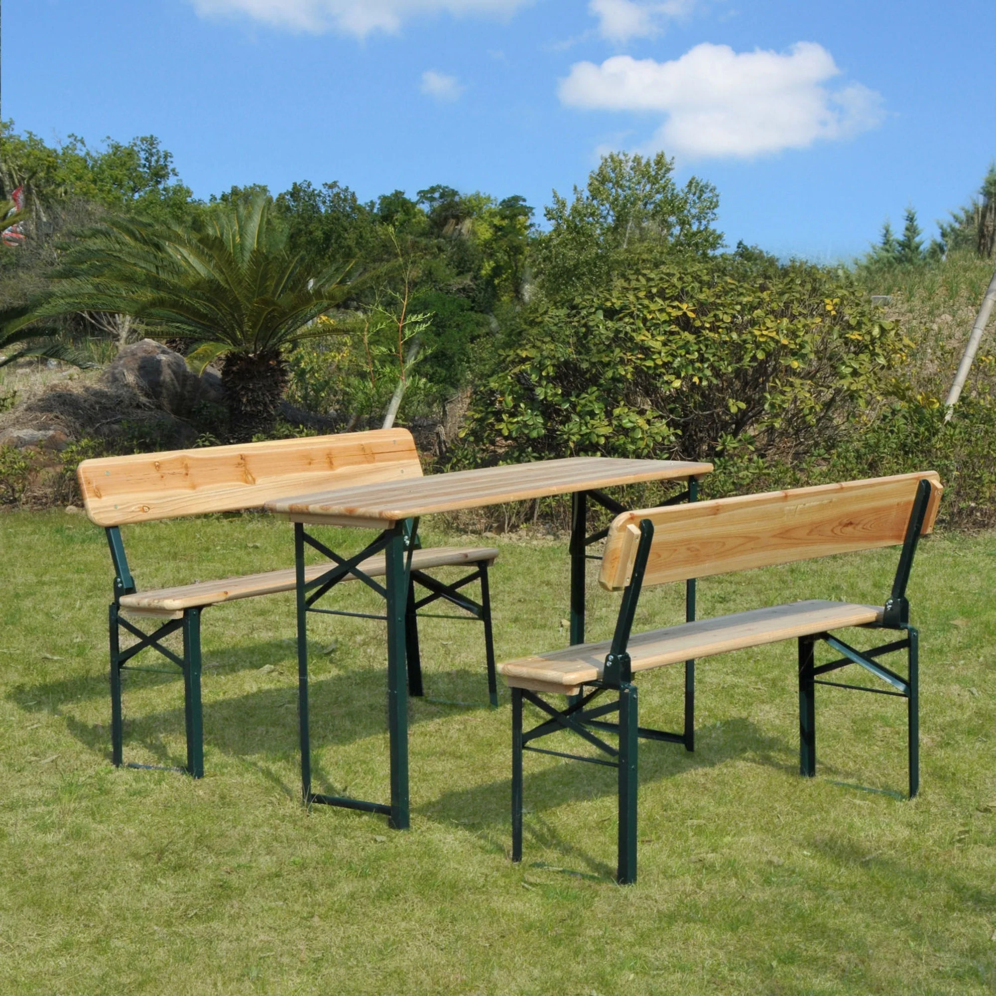 Outsunny Portable Folding Camping Picnic Trestle Beer Table and 2 Bench Set Wooden Garden Furniture Patio Dining Party BBQ Chairs Stools - Image 2