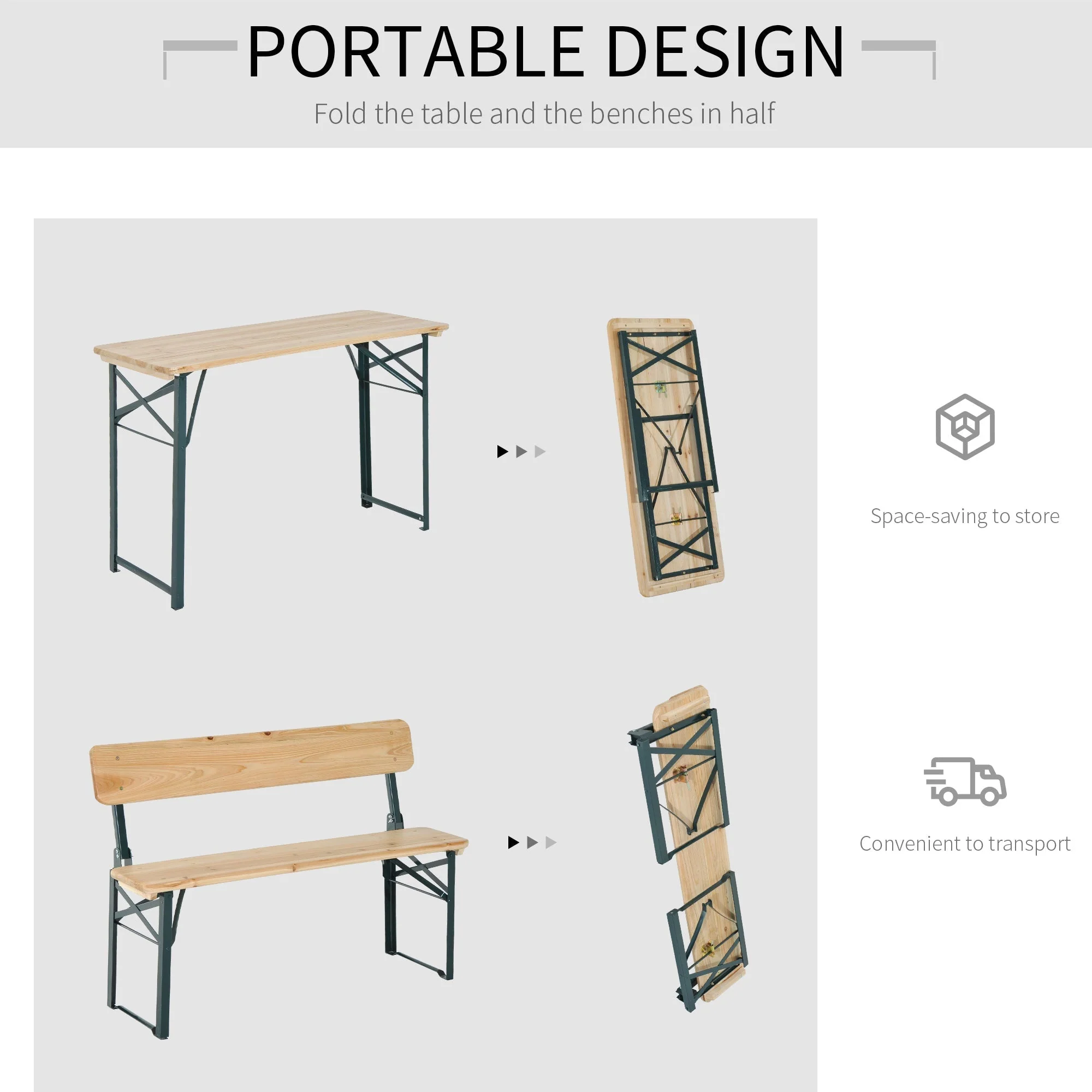 Outsunny Portable Folding Camping Picnic Trestle Beer Table and 2 Bench Set Wooden Garden Furniture Patio Dining Party BBQ Chairs Stools - Image 4