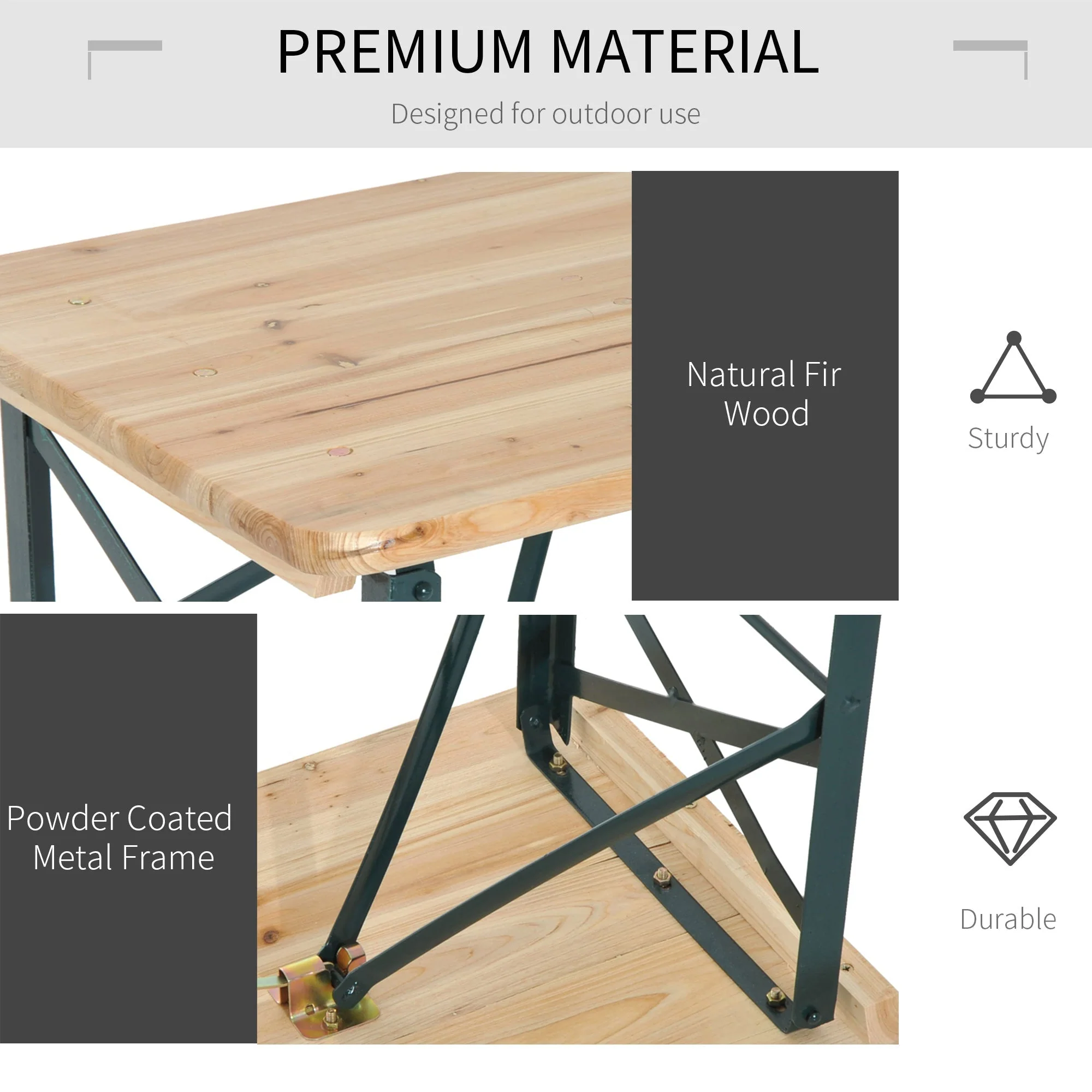 Outsunny Portable Folding Camping Picnic Trestle Beer Table and 2 Bench Set Wooden Garden Furniture Patio Dining Party BBQ Chairs Stools - Image 5