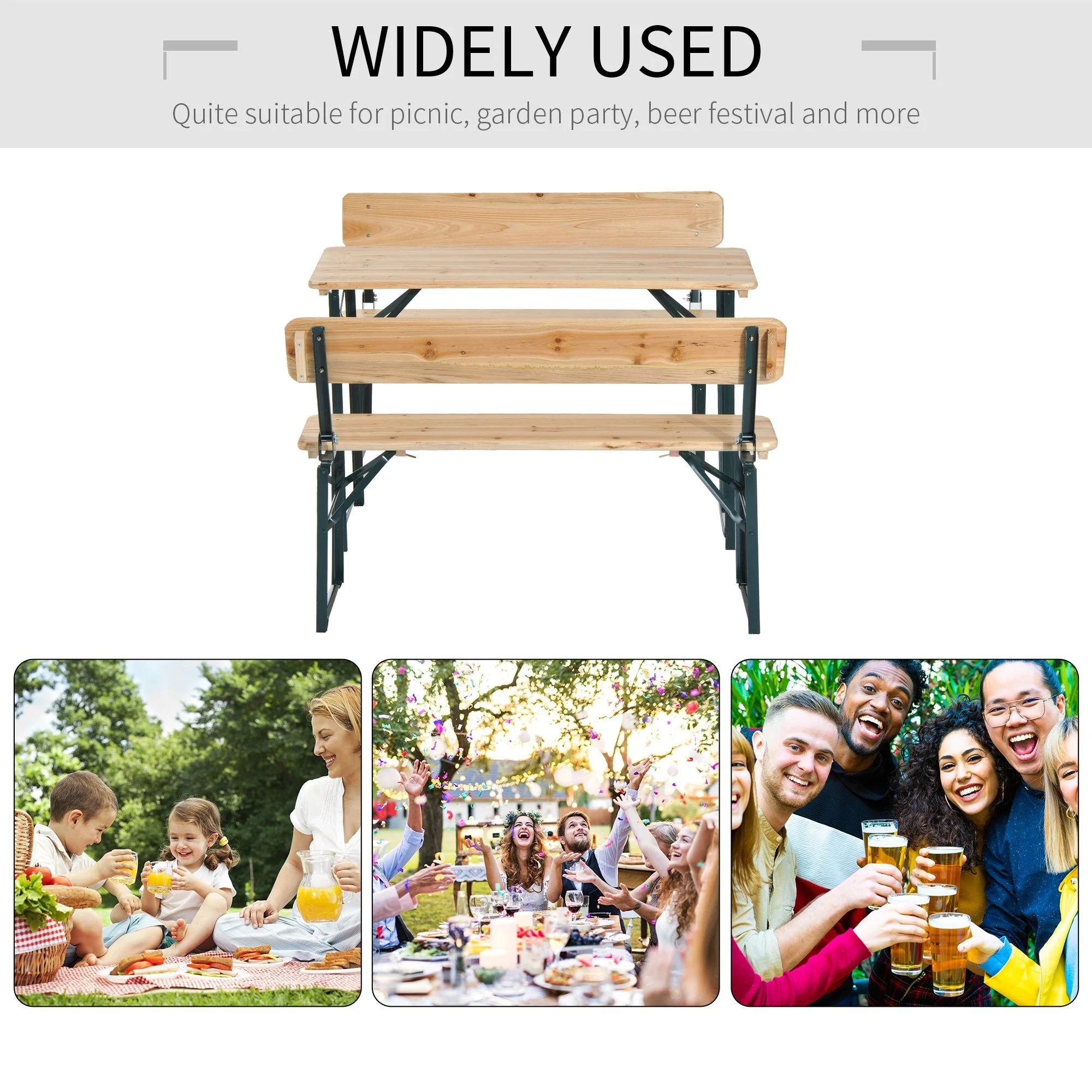 Outsunny Portable Folding Camping Picnic Trestle Beer Table and 2 Bench Set Wooden Garden Furniture Patio Dining Party BBQ Chairs Stools - Image 6