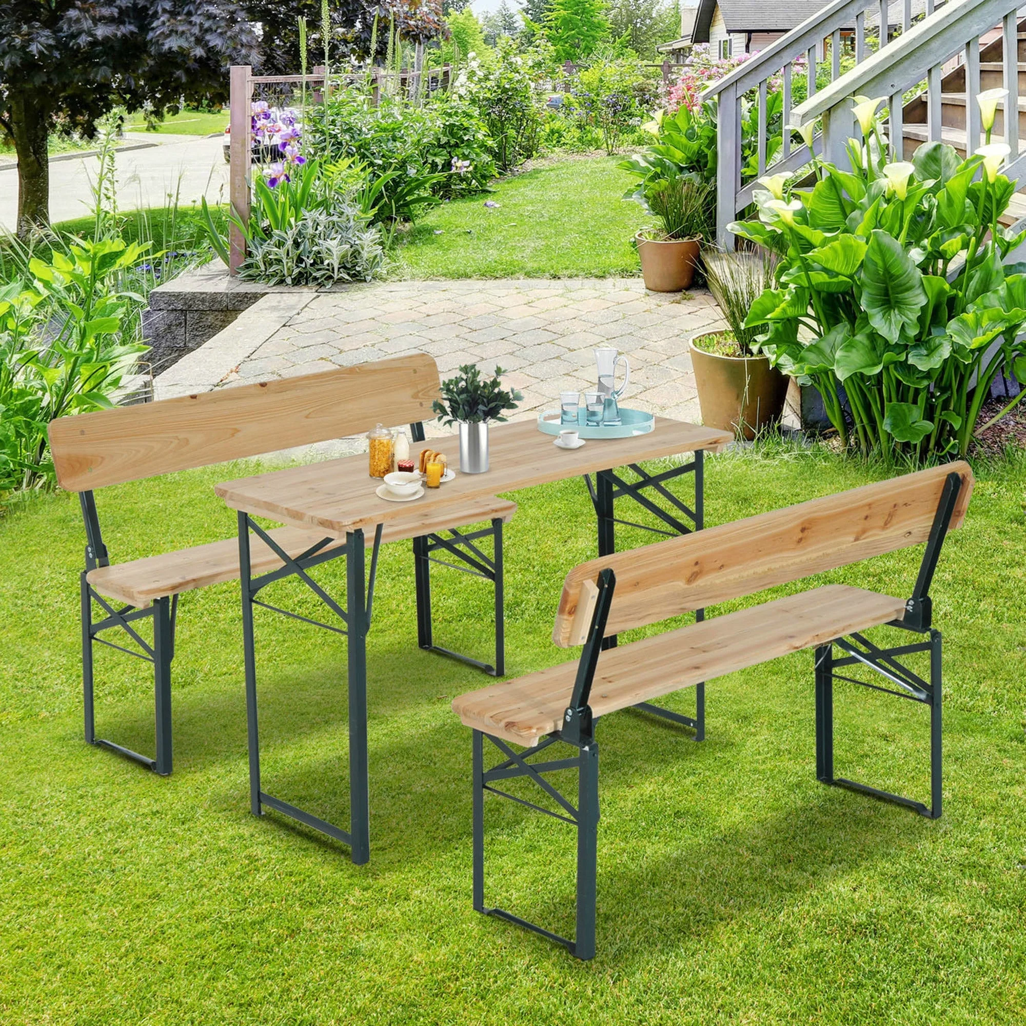 Outsunny Portable Folding Camping Picnic Trestle Beer Table and 2 Bench Set Wooden Garden Furniture Patio Dining Party BBQ Chairs Stools - Image 9