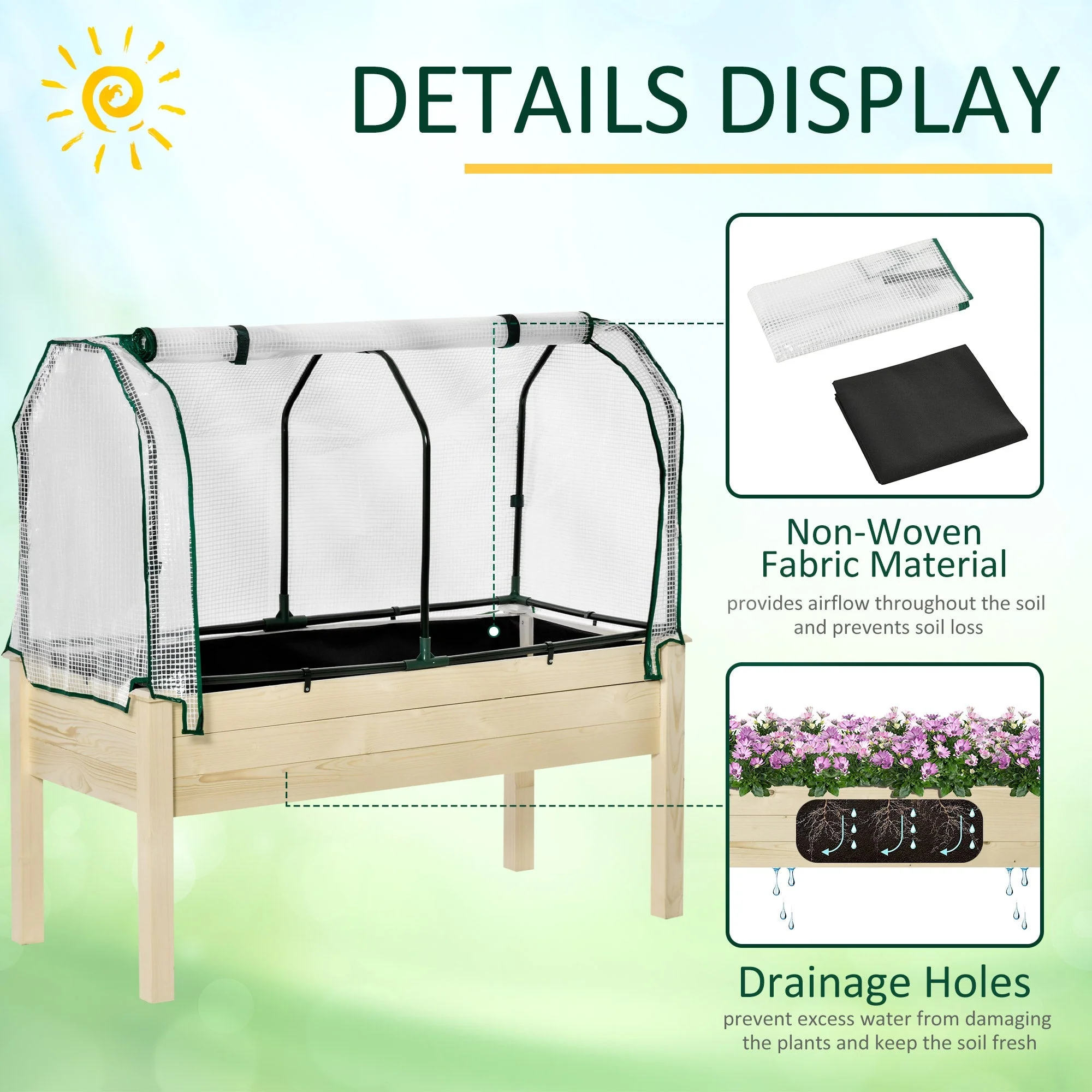 Outsunny Raised Garden Bed Outdoor Elevated Wood Planter Box With Pe Cover Natural - Image 5