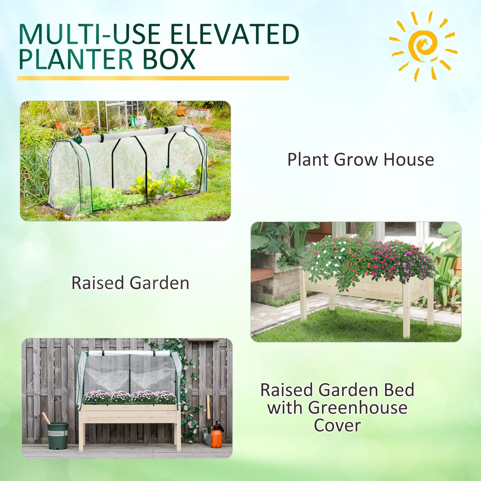 Outsunny Raised Garden Bed Outdoor Elevated Wood Planter Box With Pe Cover Natural - Image 6