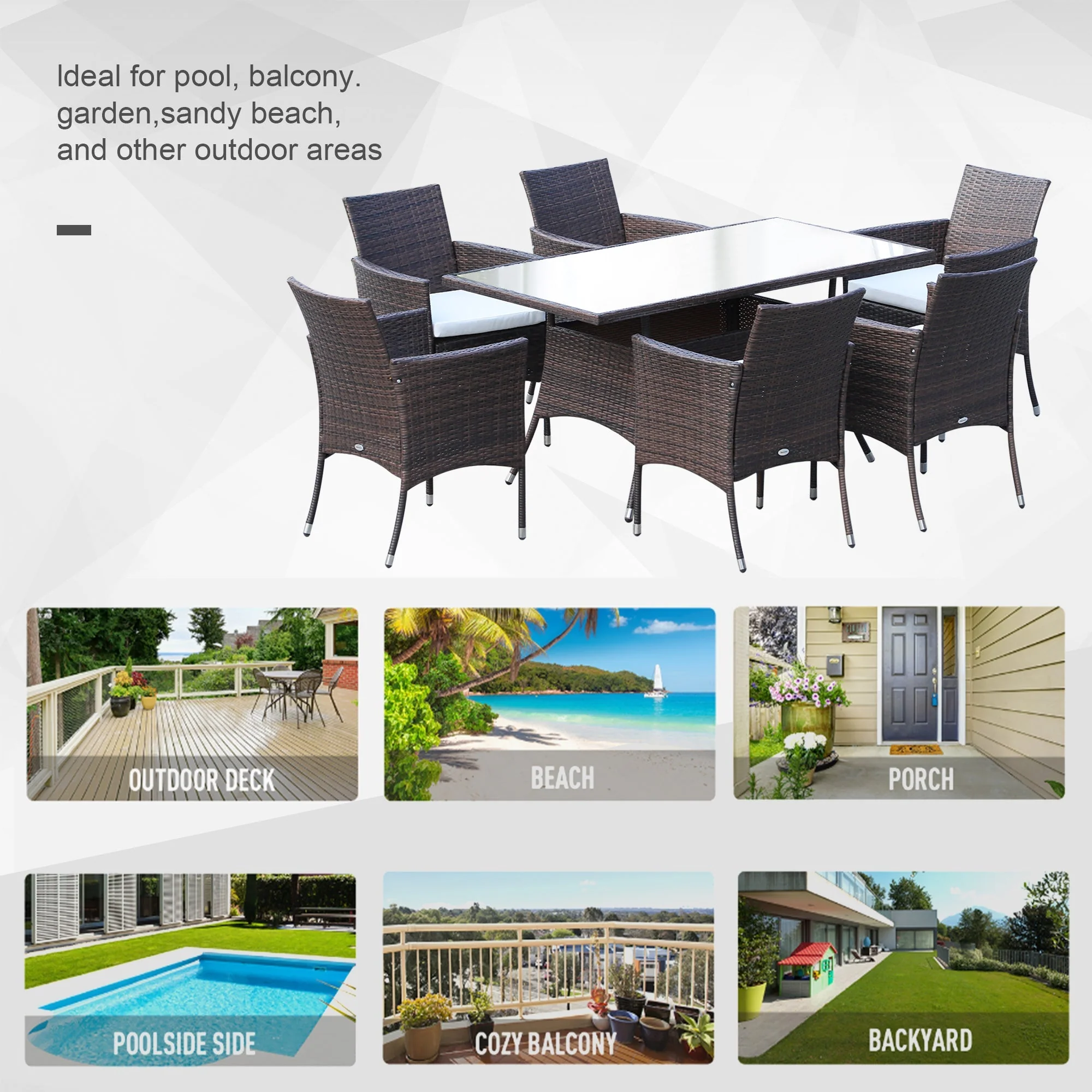 Outsunny Rattan Garden Furniture Dining Set 6-Seater Patio Rectangular Table Cube Chairs Outdoor Fire Retardant Sponge Brown - Image 7