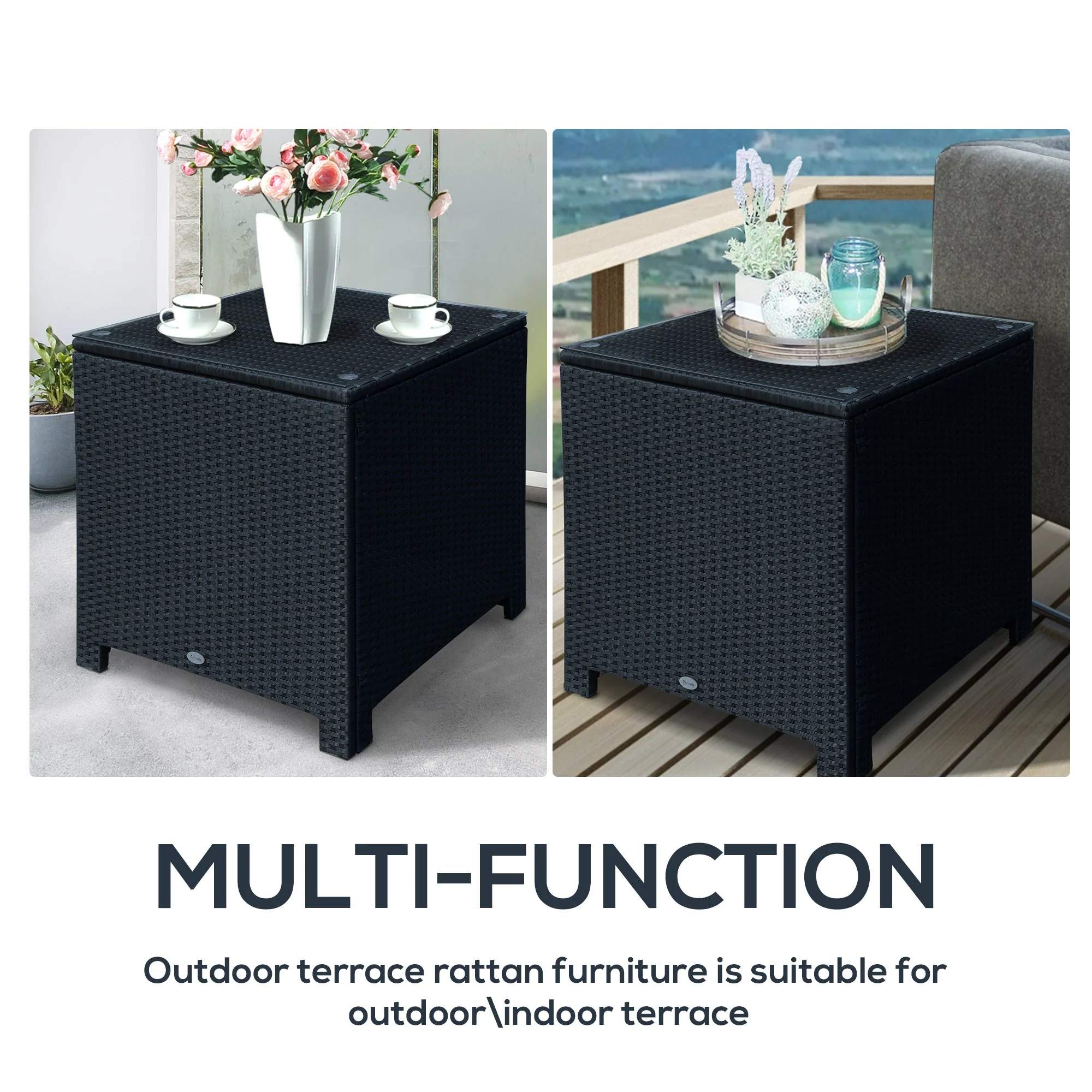 Outsunny Rattan Garden Furniture Side Table Patio Frame Tempered Glass New -Black - Image 6