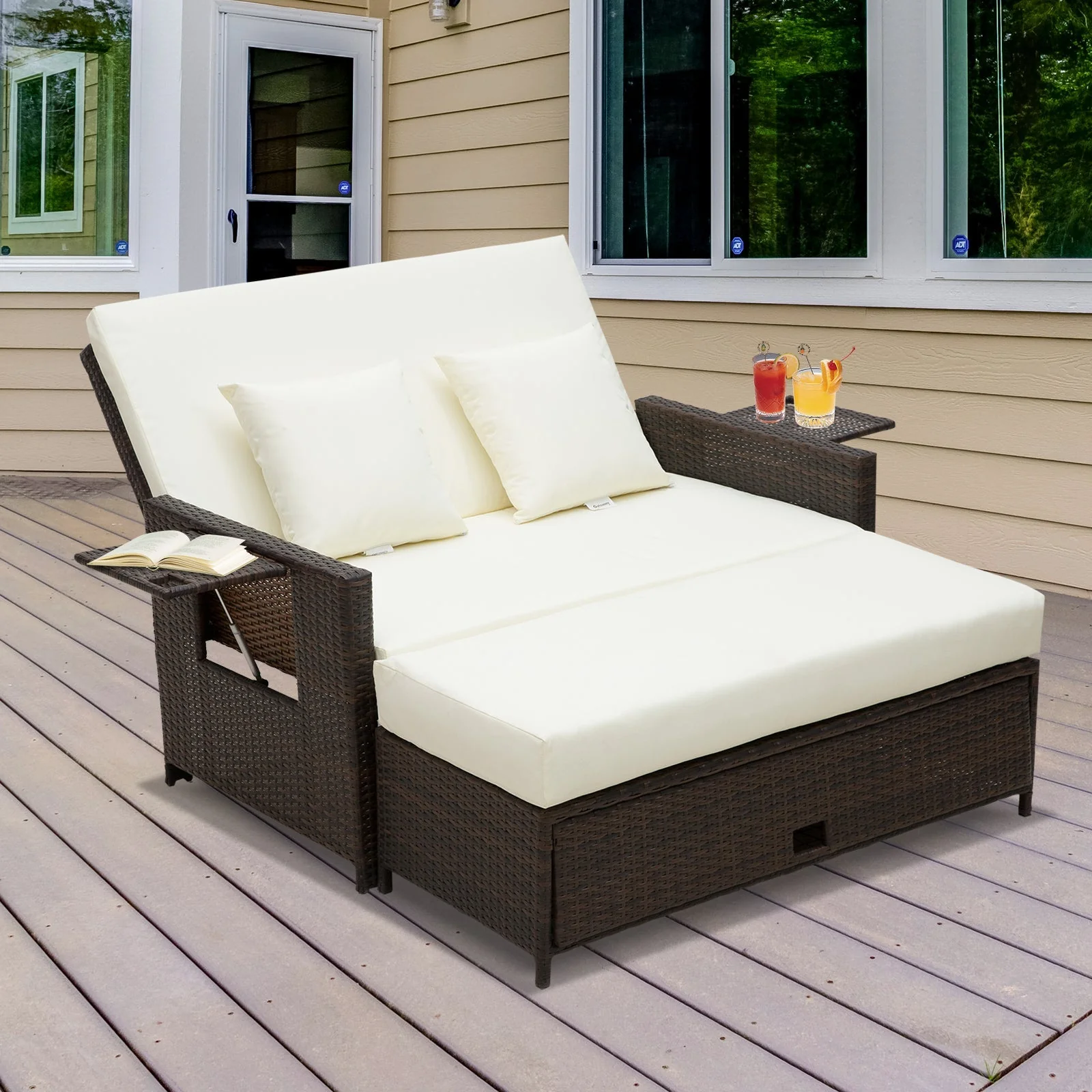 Outsunny Rattan Sun Lounger 2 Seater Day Bed-Brown - Image 2