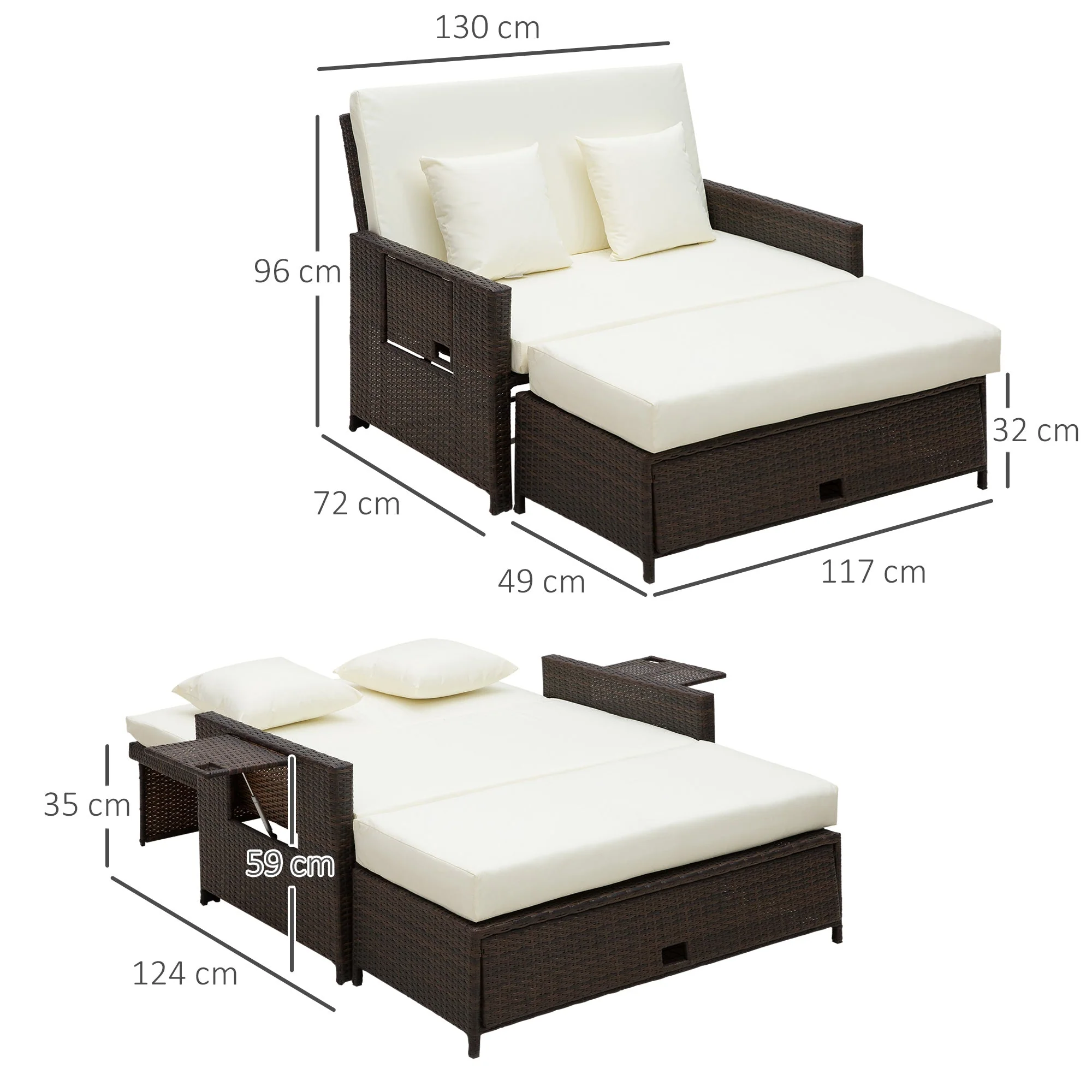 Outsunny Rattan Sun Lounger 2 Seater Day Bed-Brown - Image 3