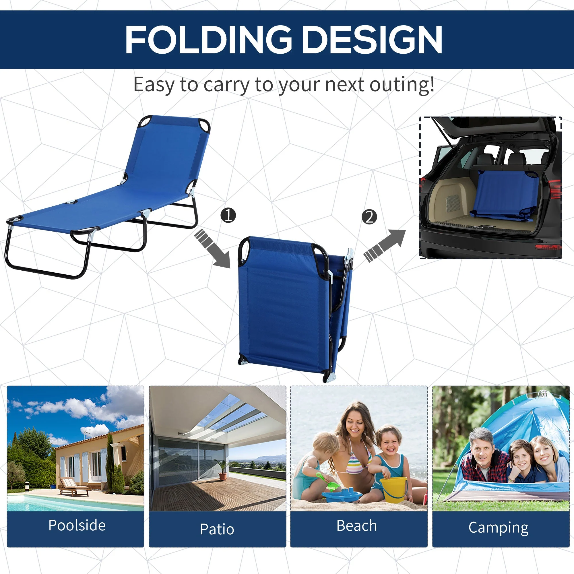 Outsunny Reclining Chair Folding Lounger Seat Sun Lounger with Sun Shade Awning Beach Garden Outdoor Patio Recliner Adjustable - Image 4