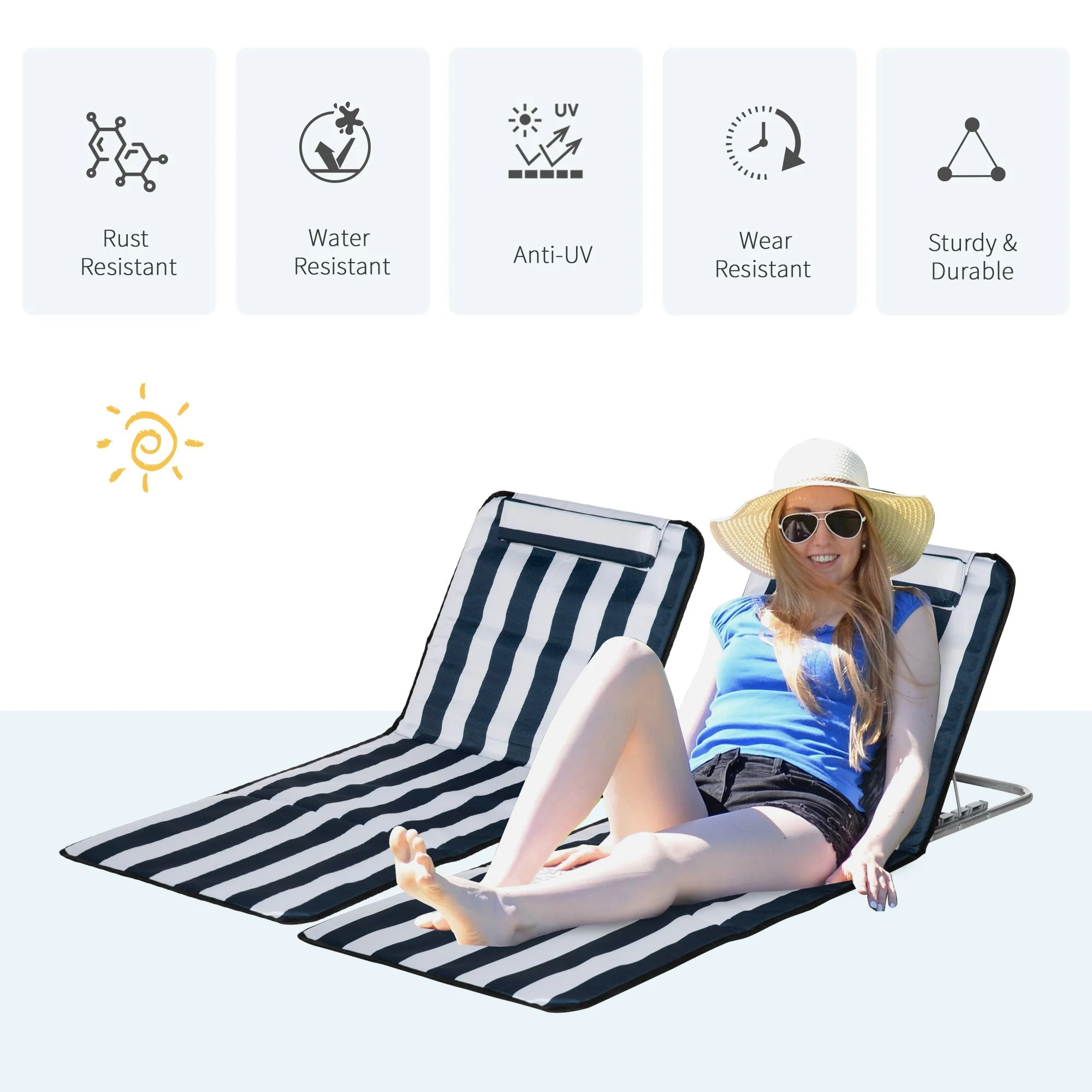 Outsunny Set Of 2 Beach Mat Seat Adjustable Back Metal Frame Fabric Cover Foldable w/ Bag - Image 3