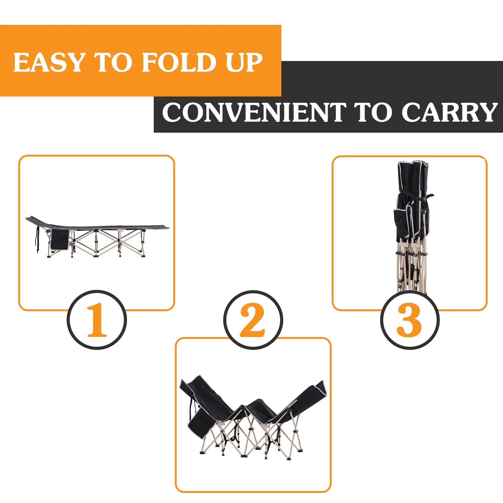Outsunny Single Person Camping Bed Folding Cot Outdoor Patio Portable Military Sleeping Bed Travel Guest Leisure Fishing With Side Pocket And Carry Bag - Black - Image 4