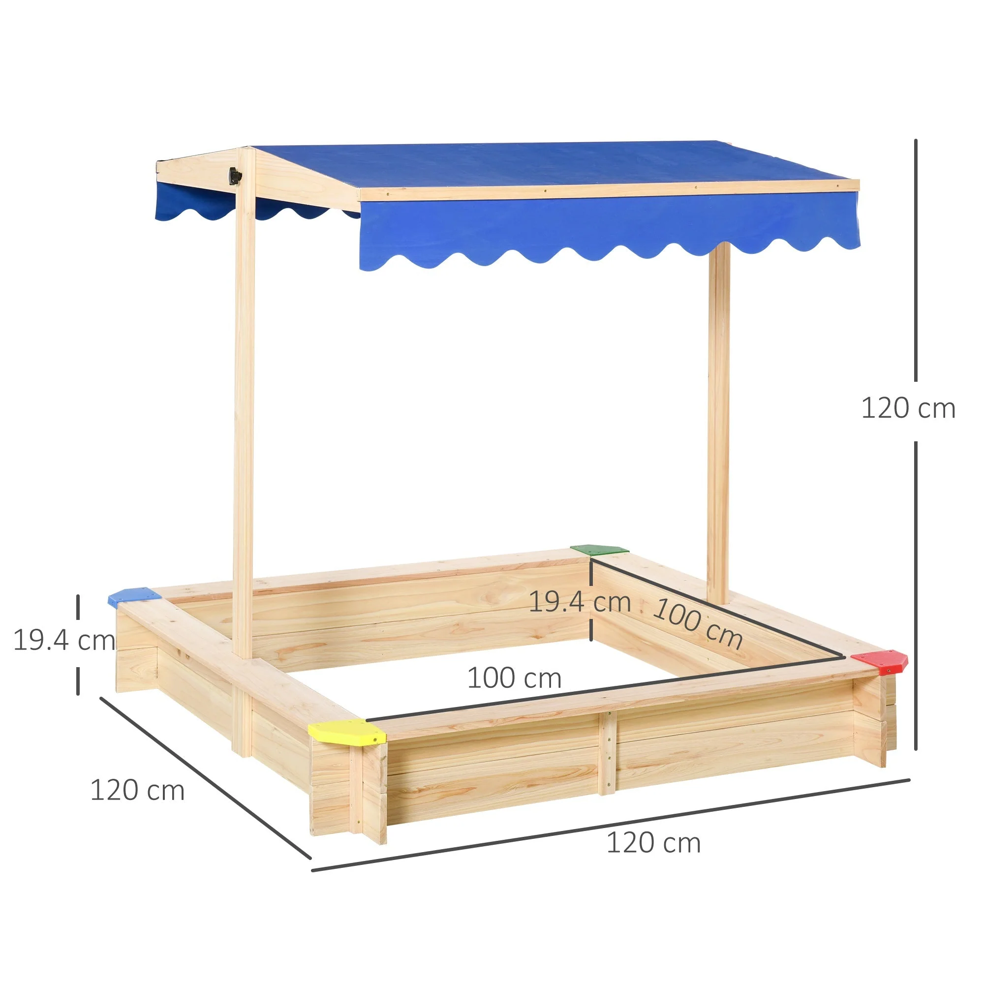 Outsunny Square Wooden Kids Sandpit Children Cabana Sandbox Outdoor Backyard Playset - Image 2