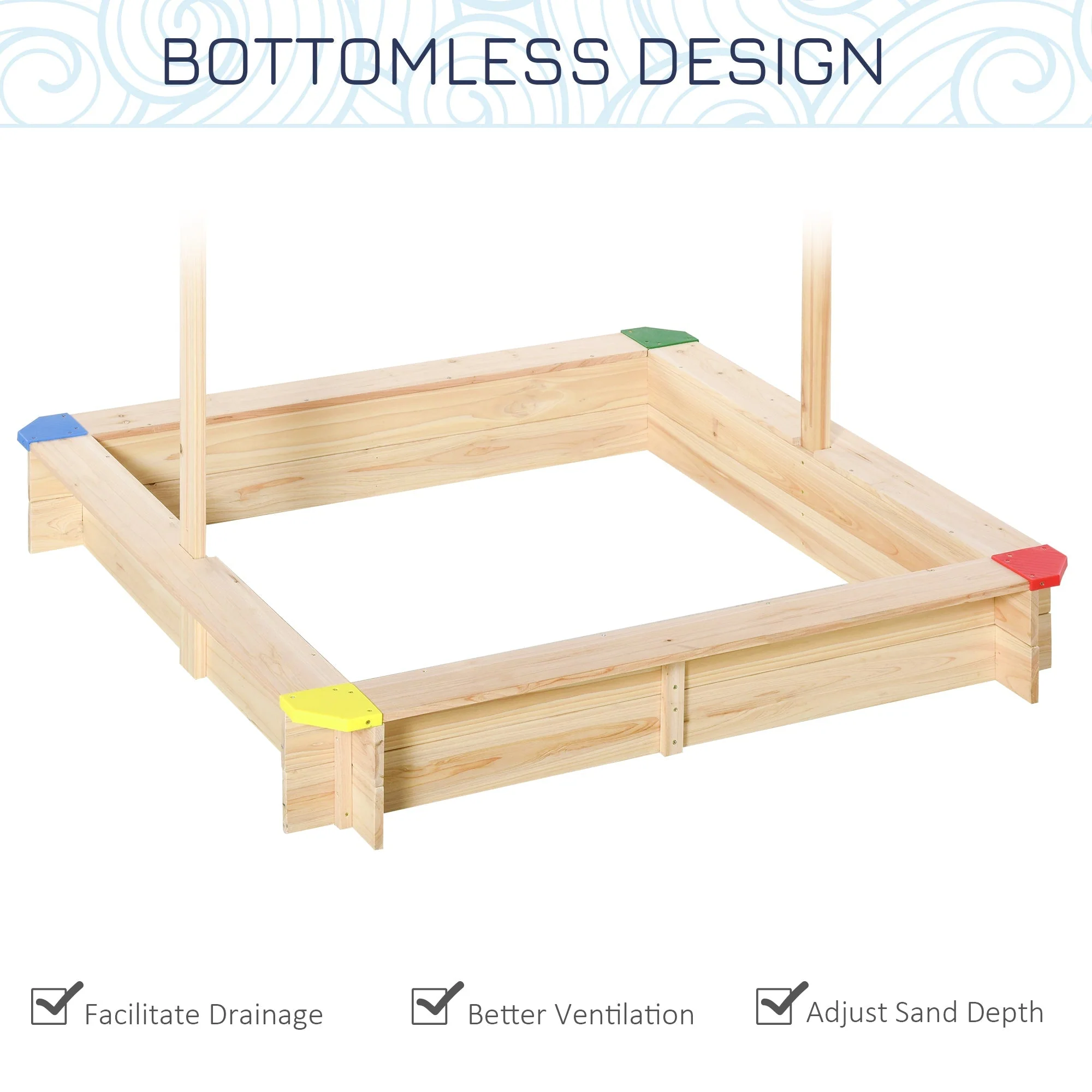 Outsunny Square Wooden Kids Sandpit Children Cabana Sandbox Outdoor Backyard Playset - Image 5