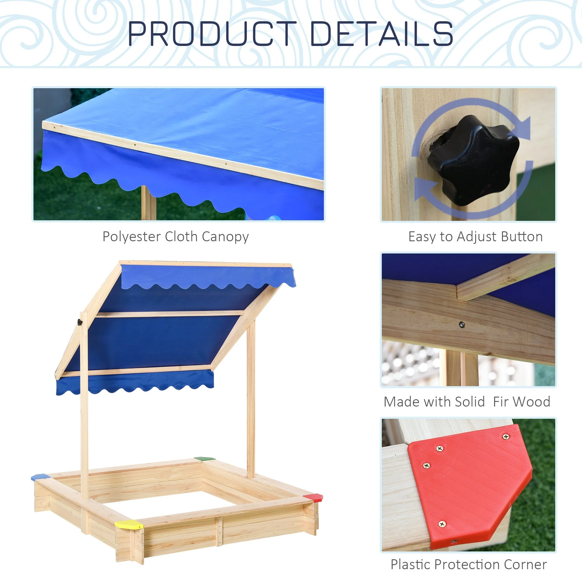 Outsunny Square Wooden Kids Sandpit Children Cabana Sandbox Outdoor Backyard Playset - Image 6