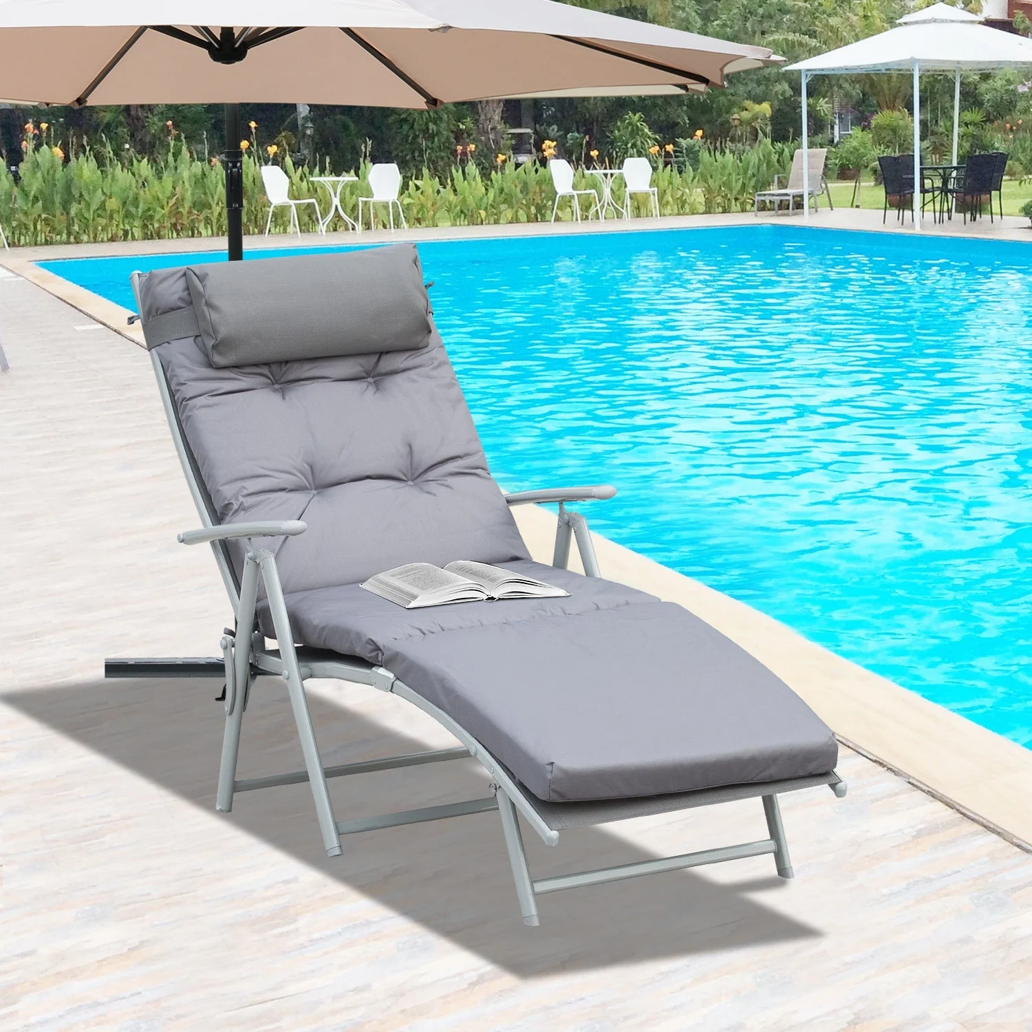 Outsunny Steel Frame Outdoor Garden Padded Sun Lounger With Pillow Grey - Image 2