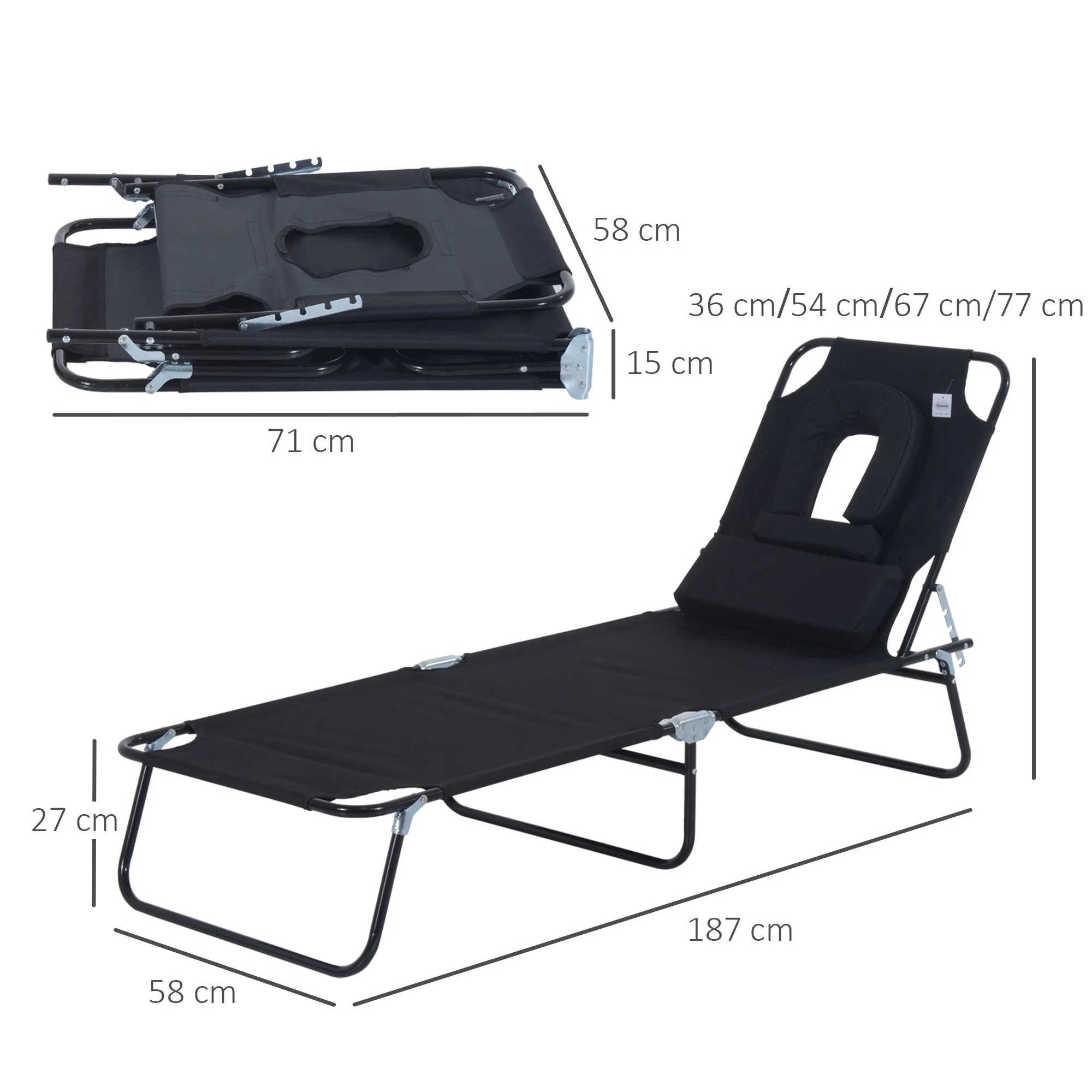 Outsunny Sun Lounger Foldable Reclining Chair with Pillow and Reading Hole Garden Beach Outdoor Recliner Adjustable Black - Image 2