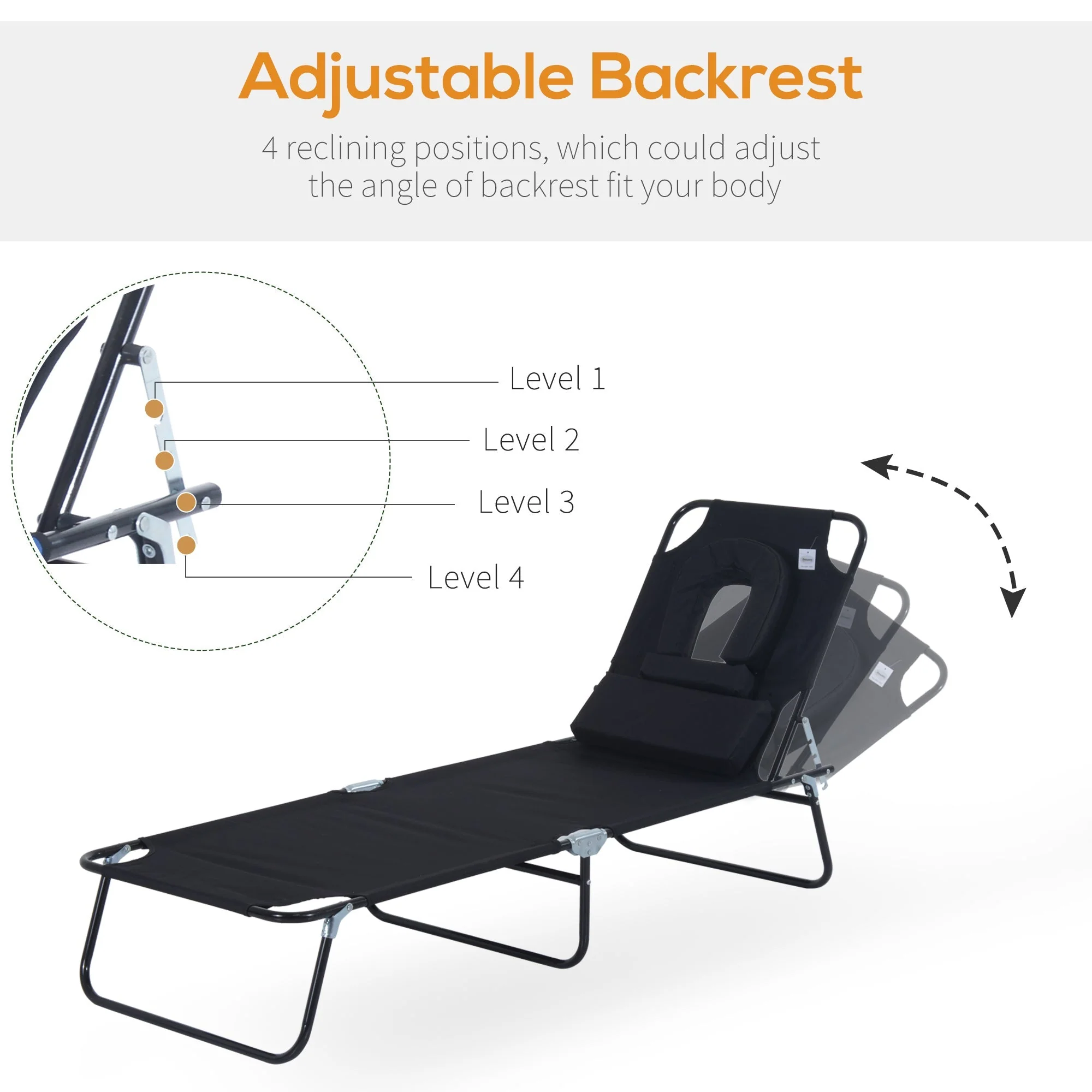 Outsunny Sun Lounger Foldable Reclining Chair with Pillow and Reading Hole Garden Beach Outdoor Recliner Adjustable Black - Image 3