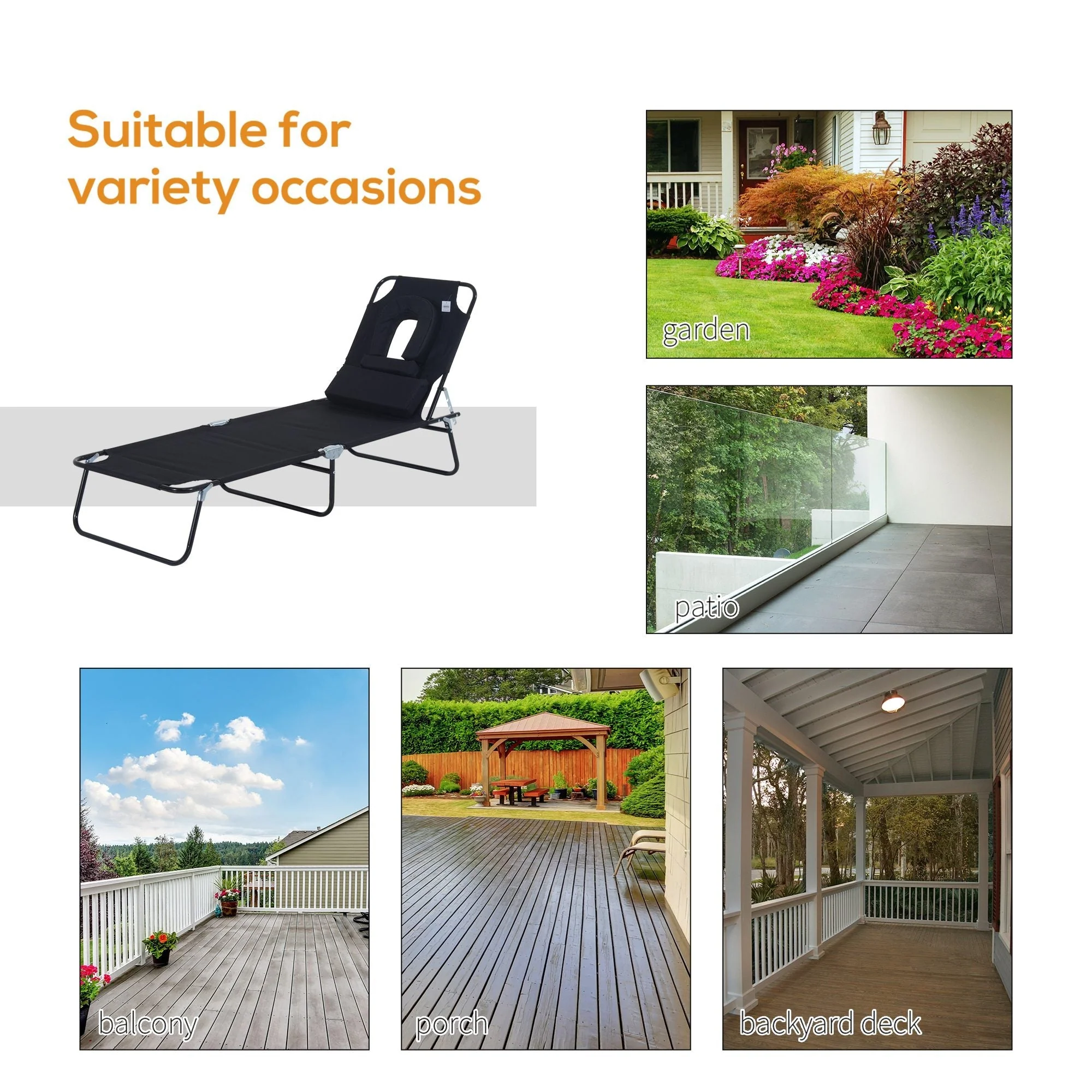 Outsunny Sun Lounger Foldable Reclining Chair with Pillow and Reading Hole Garden Beach Outdoor Recliner Adjustable Black - Image 4