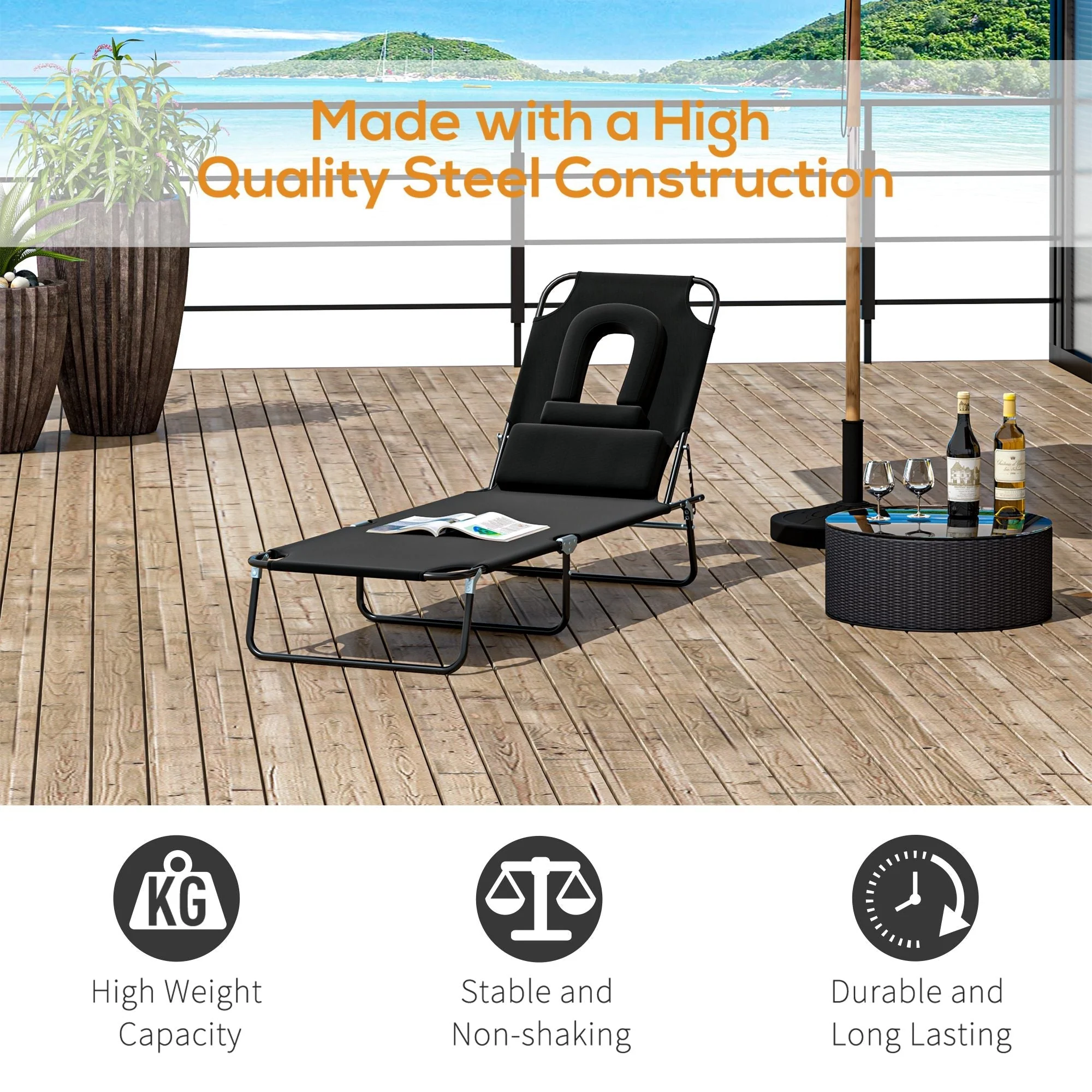 Outsunny Sun Lounger Foldable Reclining Chair with Pillow and Reading Hole Garden Beach Outdoor Recliner Adjustable Black - Image 5