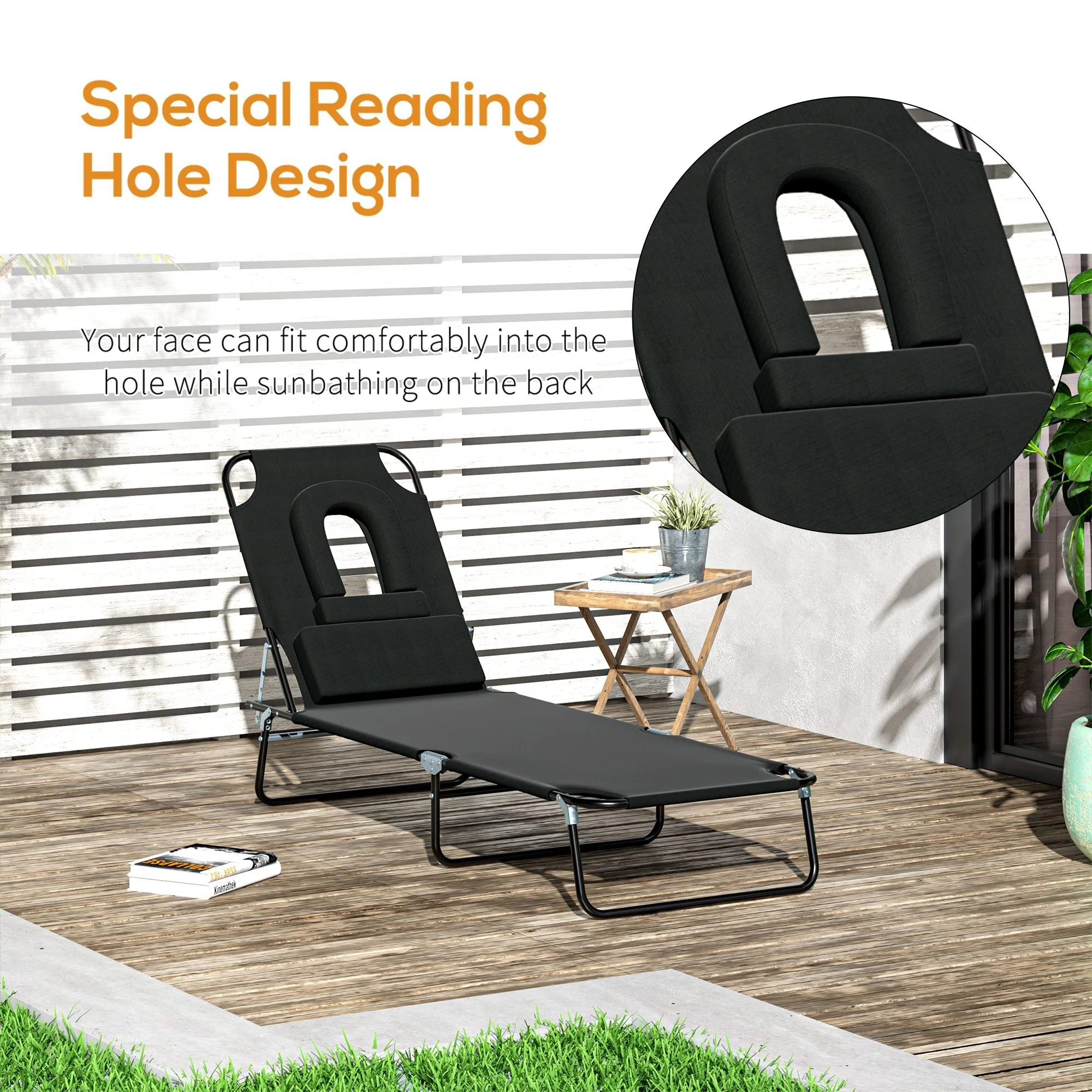 Outsunny Sun Lounger Foldable Reclining Chair with Pillow and Reading Hole Garden Beach Outdoor Recliner Adjustable Black - Image 6