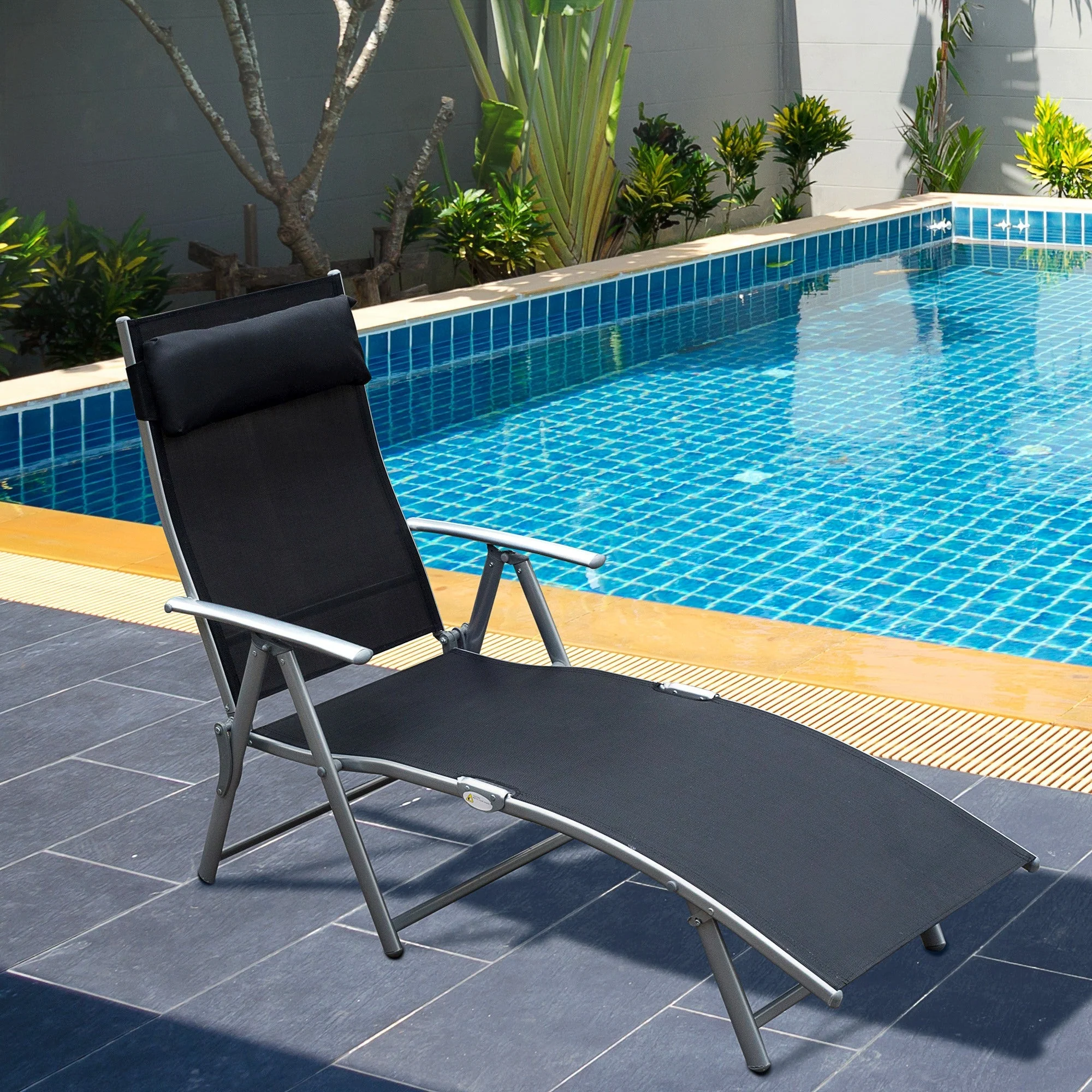 Outsunny Sun Lounger Steel Frame Outdoor Folding Chaise Texteline Lounge Chair Recliner With Headrest & 7 Levels Adjustable Backrest - Image 2