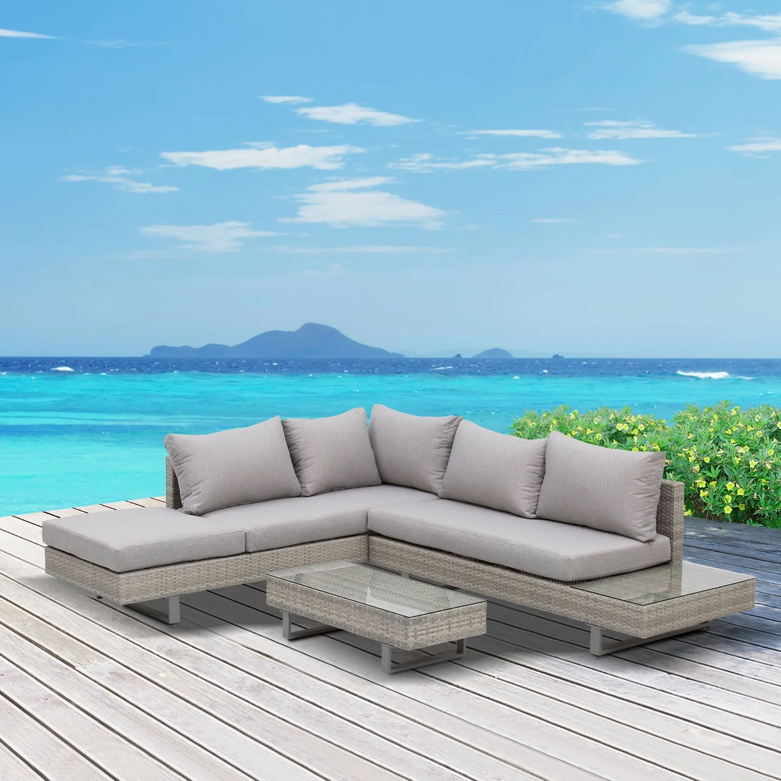 Outsunny Three-Piece Corner Rattan Set With Glass Tables - Image 2