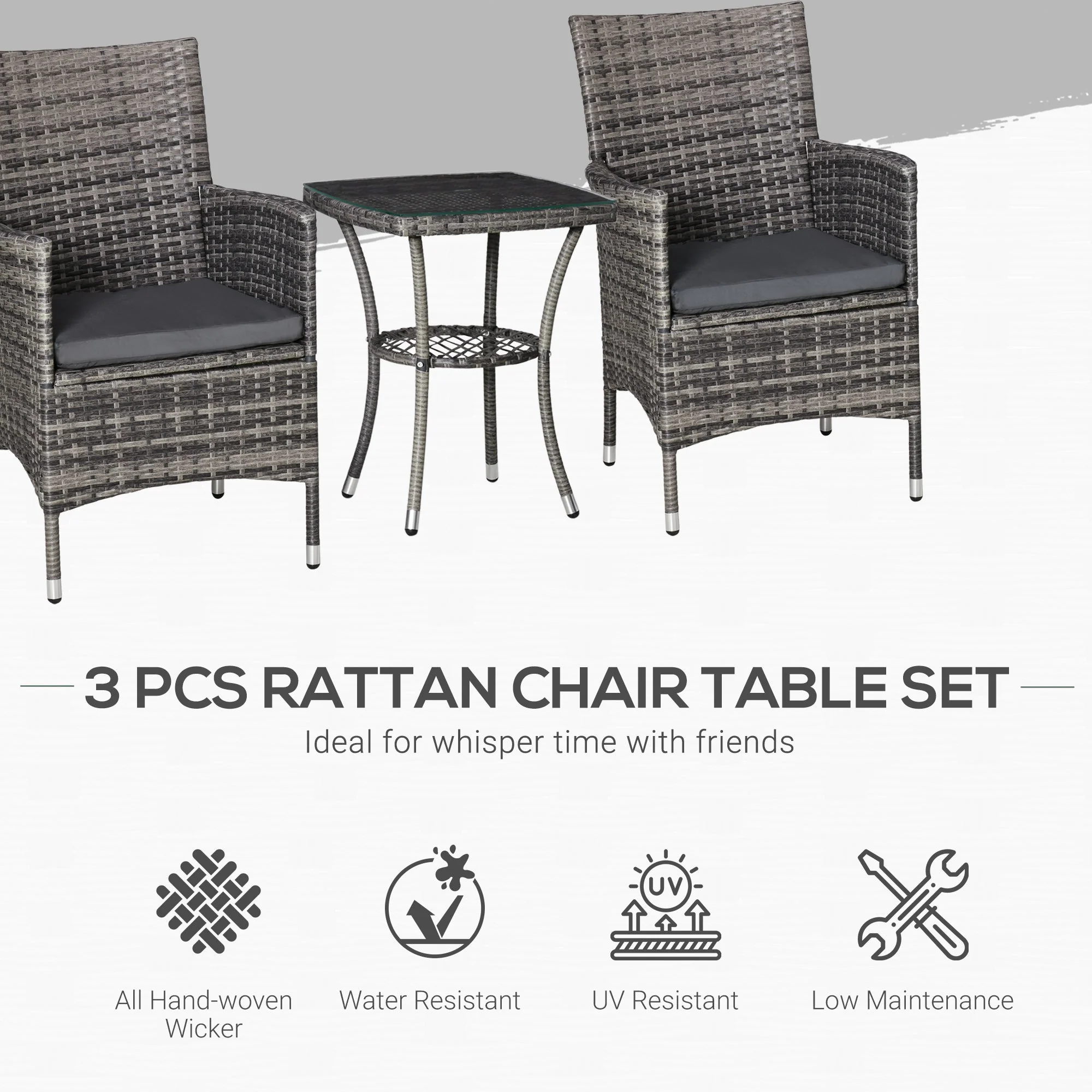 Outsunny Three-Piece Rattan Chair Set With Cushions - Grey - Image 4