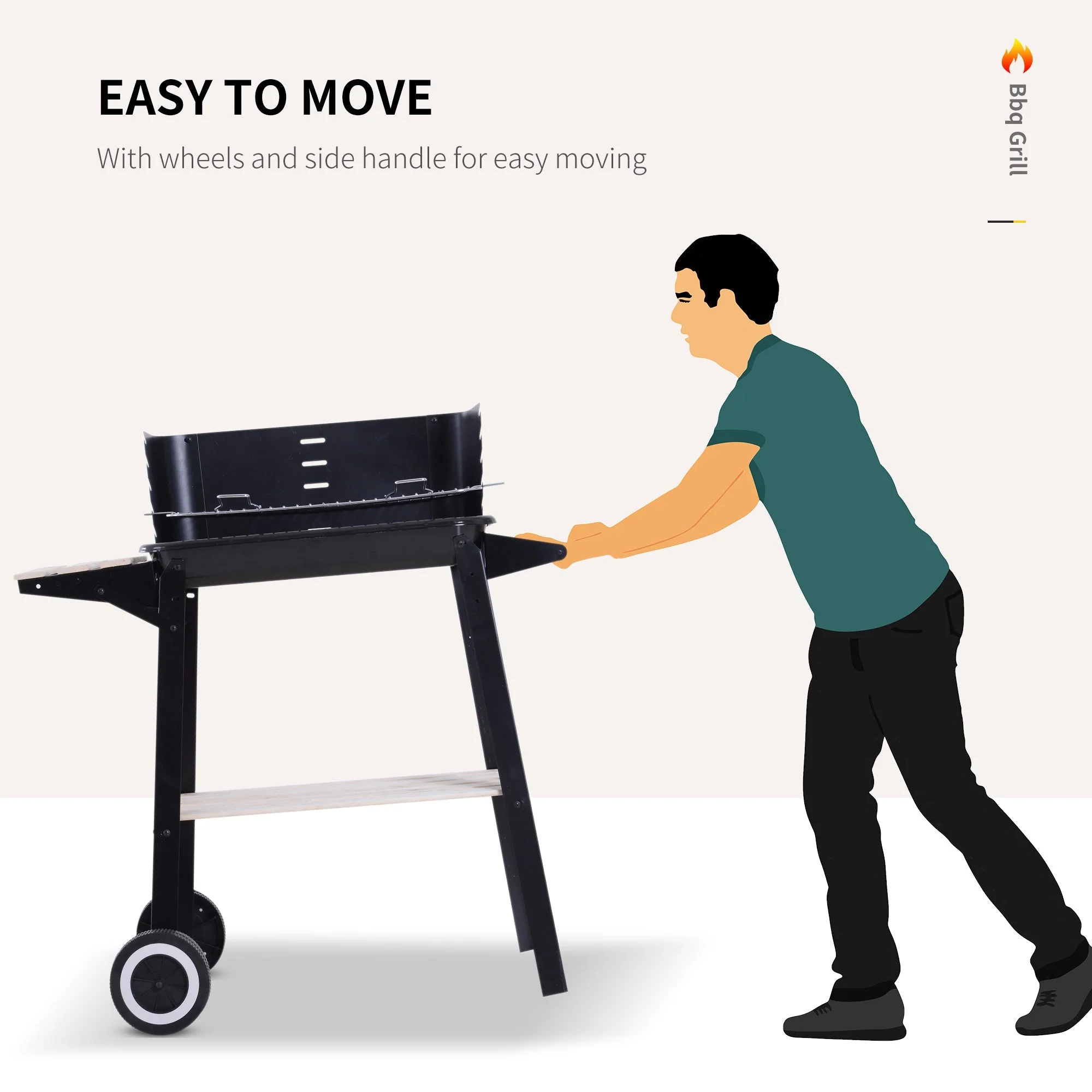 Outsunny Trolley Charcoal BBQ Barbecue Grill Outdoor Patio Garden Heating Smoker with Side Trays Storage Shelf and Wheels - Image 3