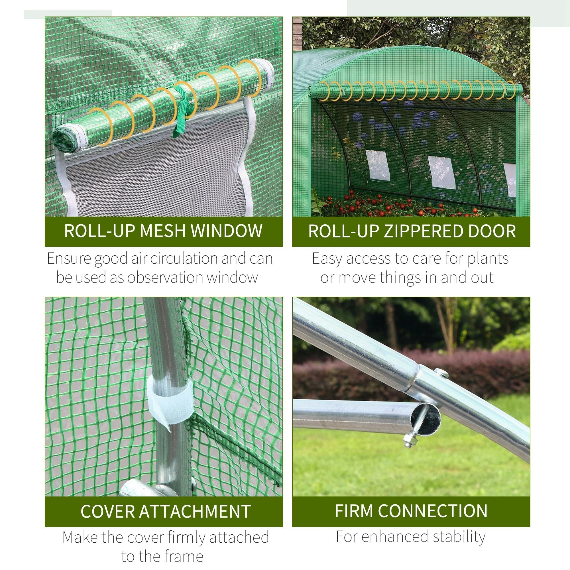 Outsunny Walk-In Tunnel Greenhouse With Pe Cover Zipper Door & Roll Up Window Green - Image 6