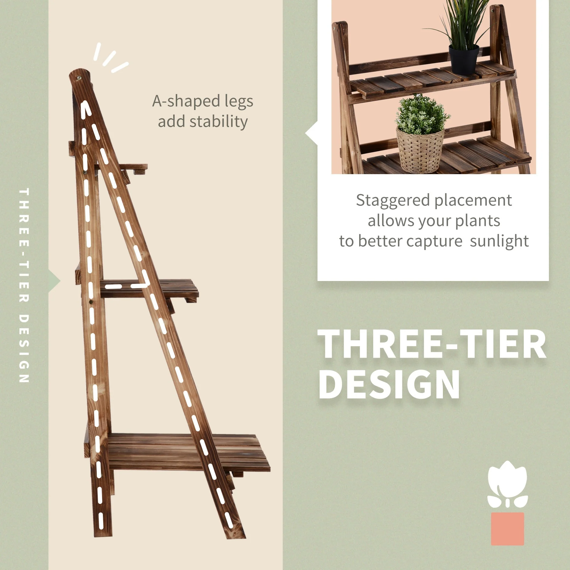 Outsunny Wooden Folding Flower Pot Stand 3 Tier Garden Planter Display Ladder Gardener Storage Shelves Rack Herb Holder (60L X 37W X 93H (cm)) - Image 5