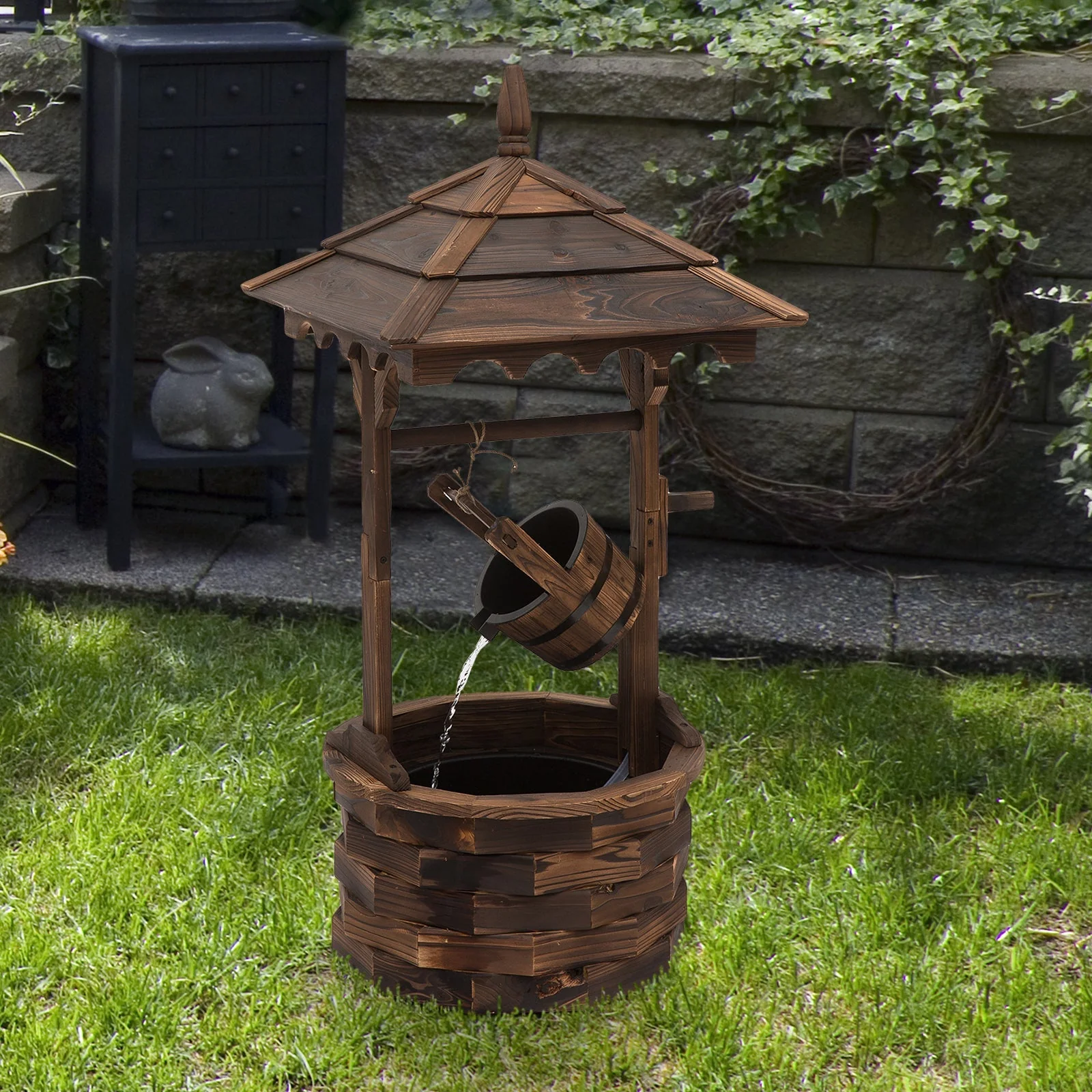 Outsunny Wooden Garden Wishing Well Fountain Barrel Waterfall Rustic Wood With Pump Garden Dcor Ornament - Image 9